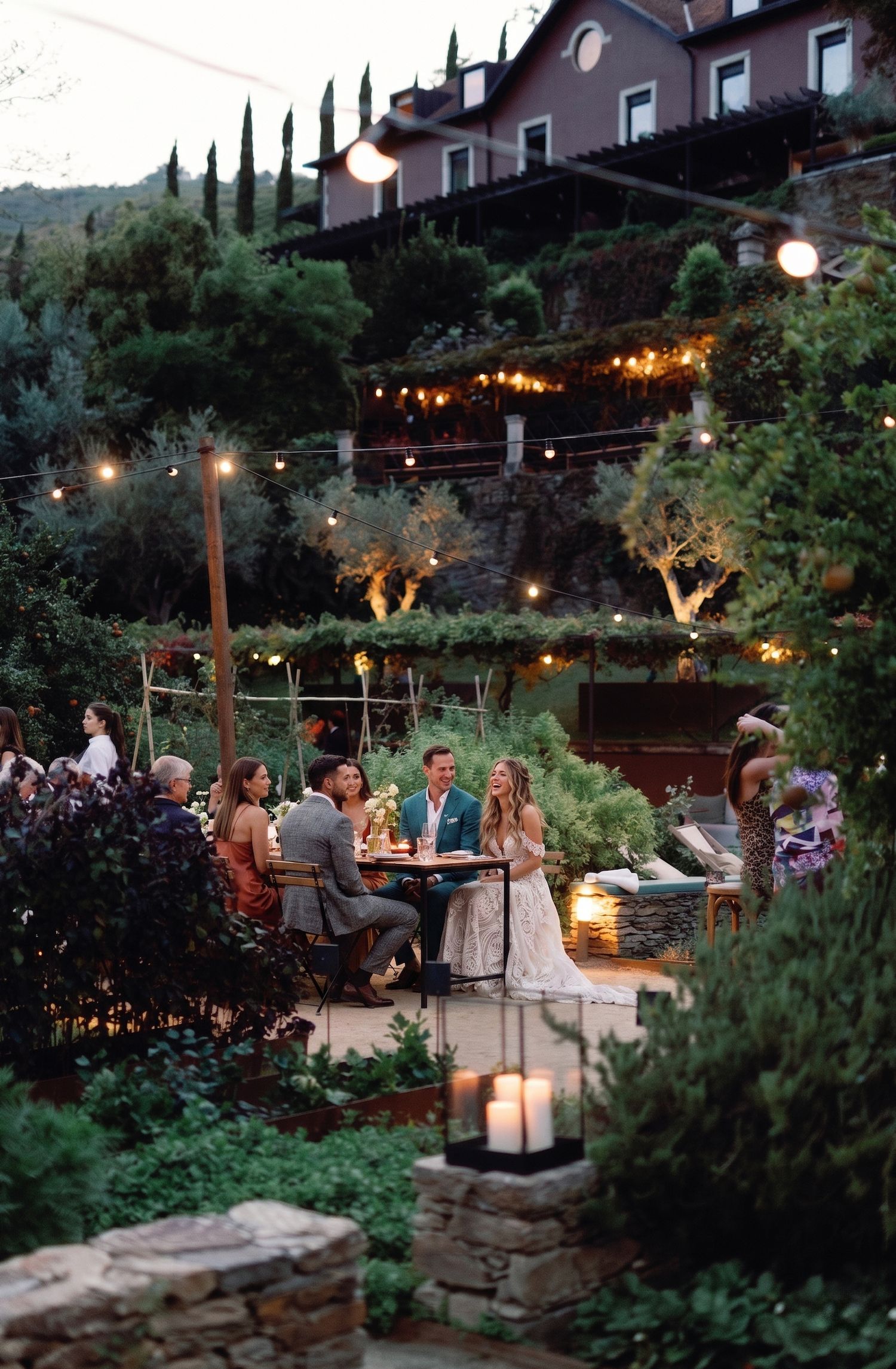Romantic outdoor wedding reception at dusk with string lights, candles, and lush greenery at a Tuscan villa.
