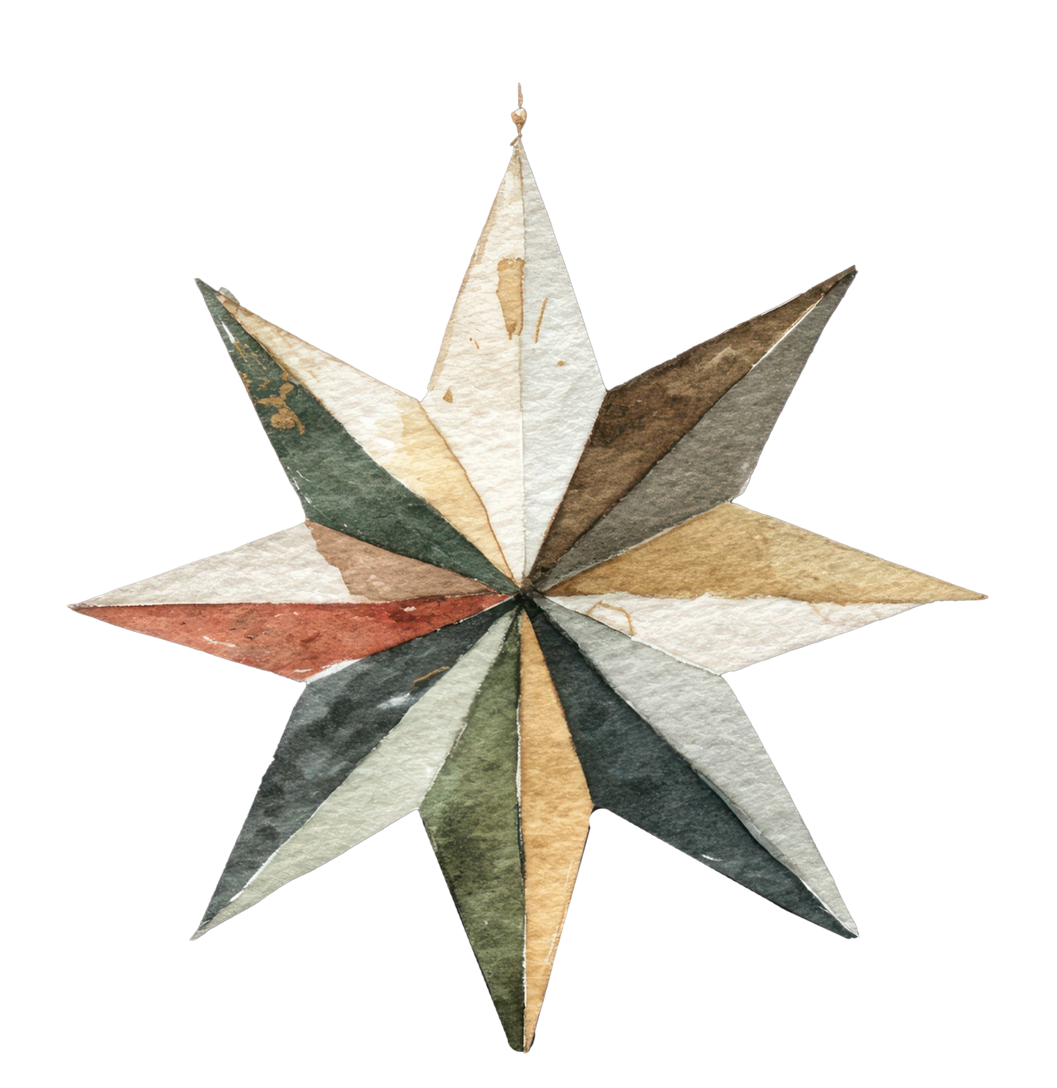 Watercolor illustration of three geometric origami stars painted in earth tones with gold accents and white highlights.