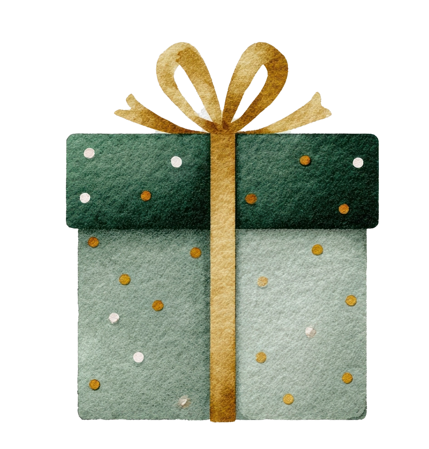 Watercolor illustration of three teal gift boxes with decorative gold dots and ribbons on a white background.