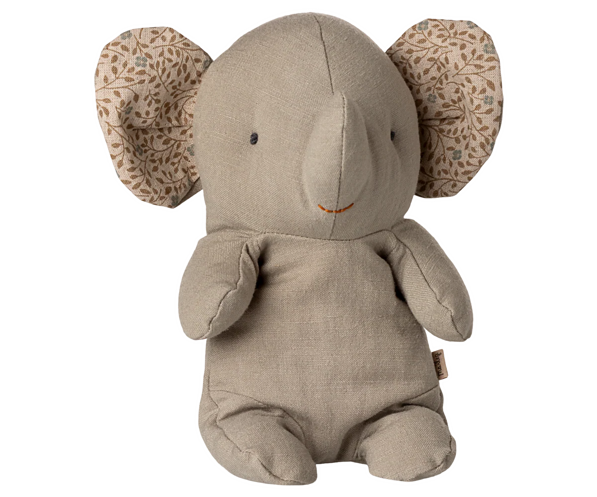 A beige plush stuffed elephant toy shown from multiple angles against a white background.