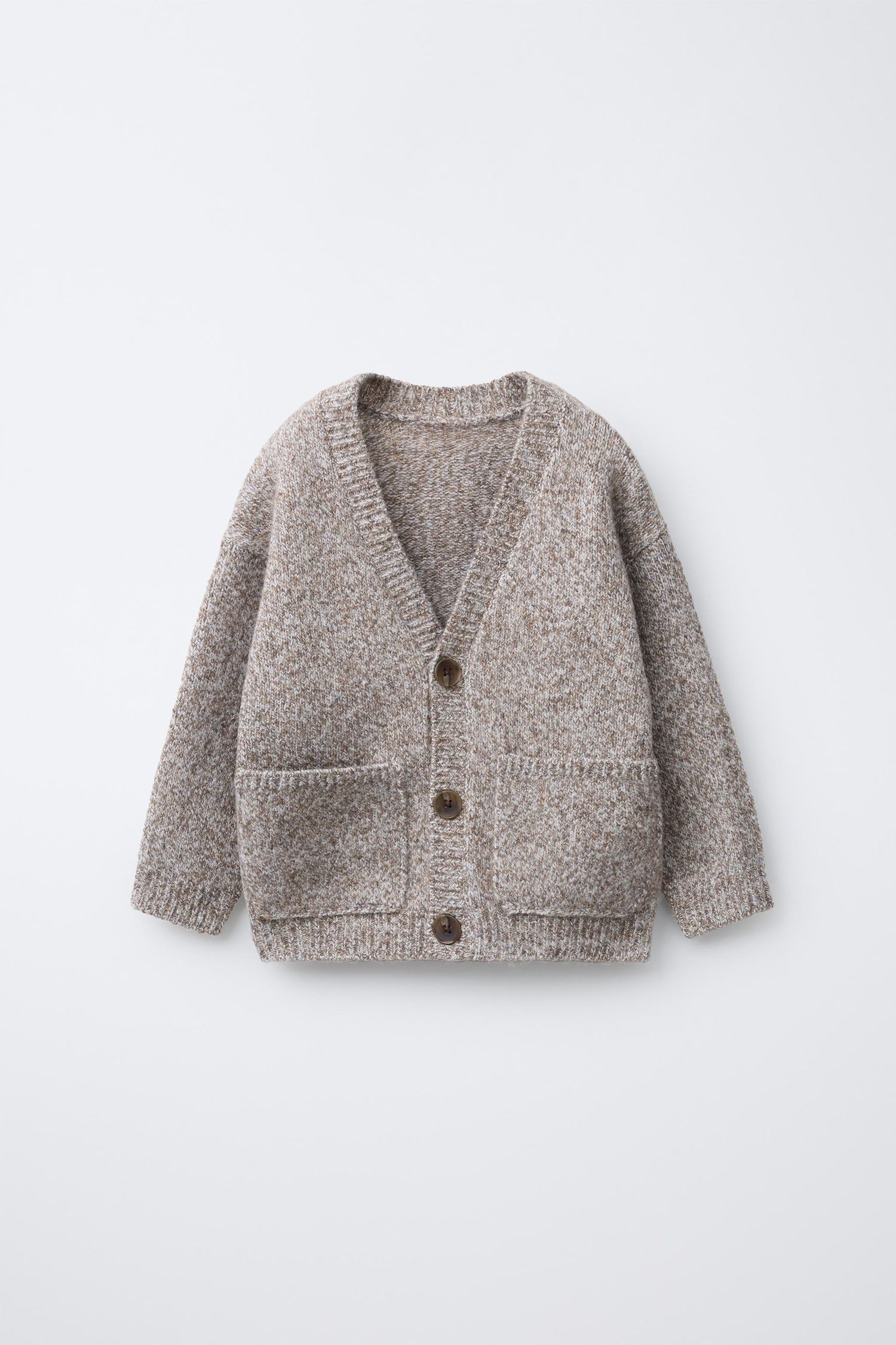 A cozy gray knitted cardigan sweater with three buttons and front pockets on a white background.