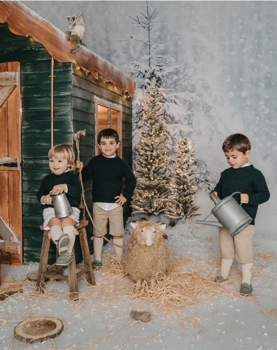 Rustic winter scene with wooden cabin, decorated trees, and watering cans.