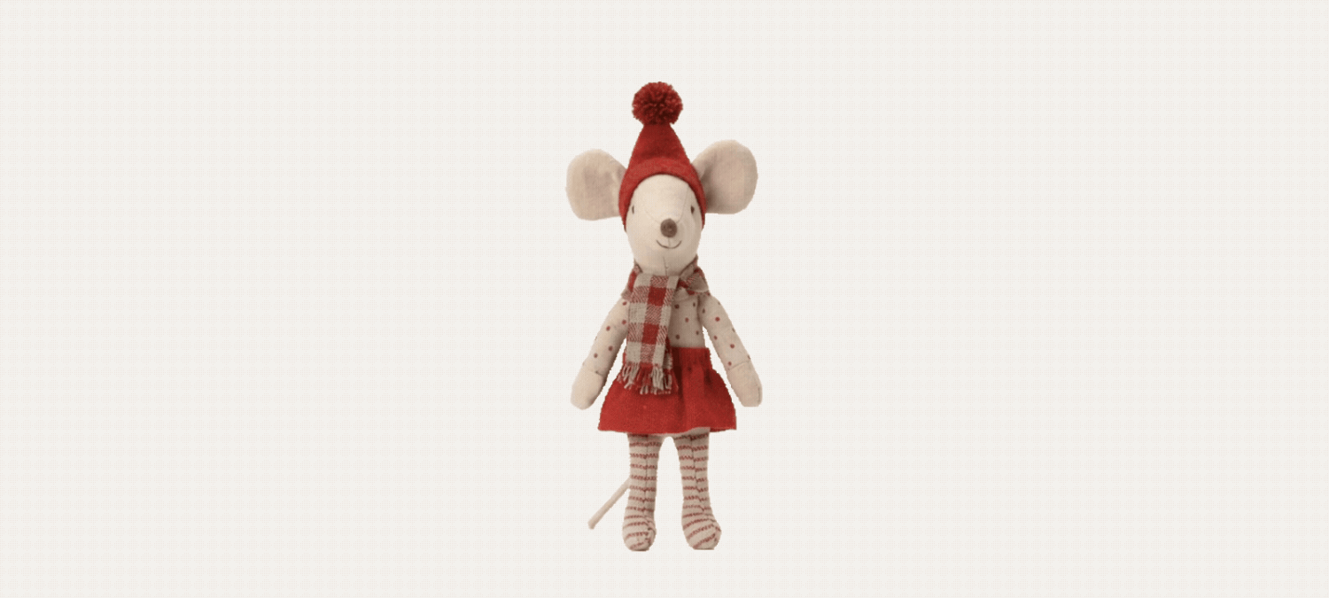 Maileg Christmas mouse doll wearing red hat, plaid scarf, and red skirt, festive holiday stuffed animal toy.