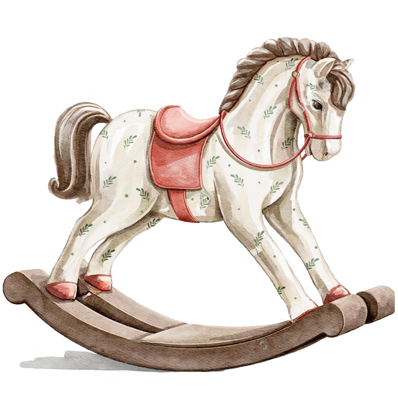 Classic white painted wooden rocking horse with red saddle and decorative details shown from different angles.