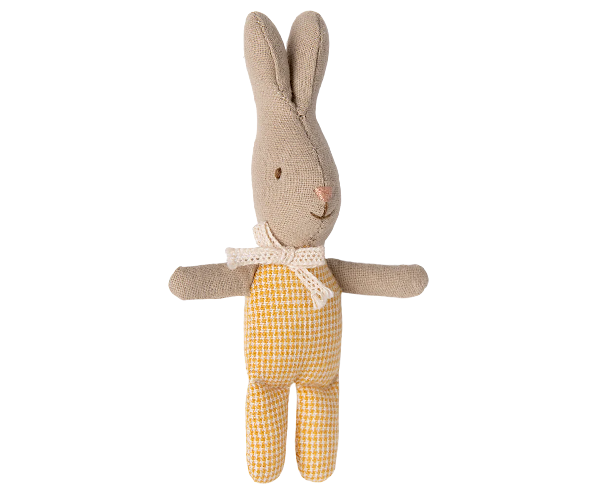 Small plush bunny toy wearing yellow gingham pants shown from multiple angles on white background.