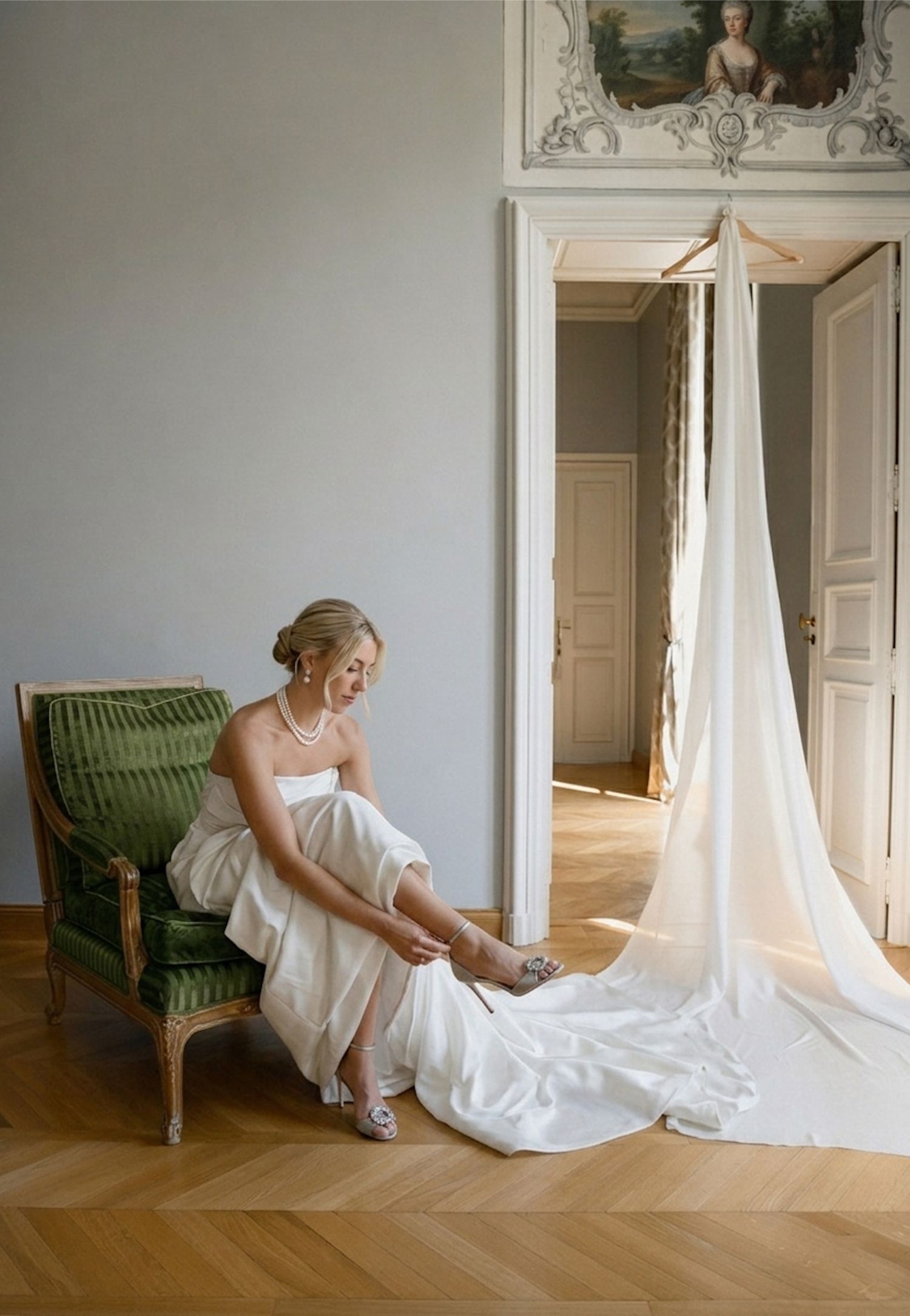 Bride in white strapless gown adjusting her heels on a green velvet chair in an elegant French chateau room.