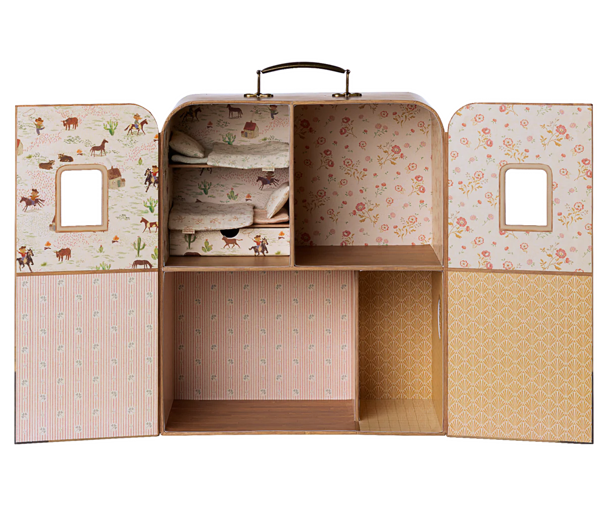A vintage floral wallpapered suitcase opens to reveal multiple storage compartments and display sections.