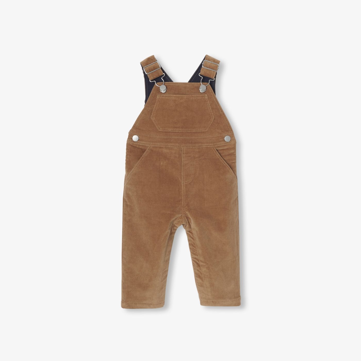 Brown corduroy baby overalls shown from multiple angles against a white background.