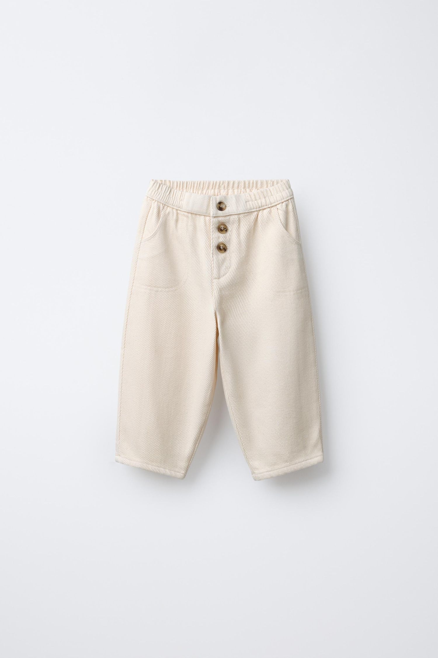 Beige cotton casual shorts with button closure and pockets shown from three different angles.