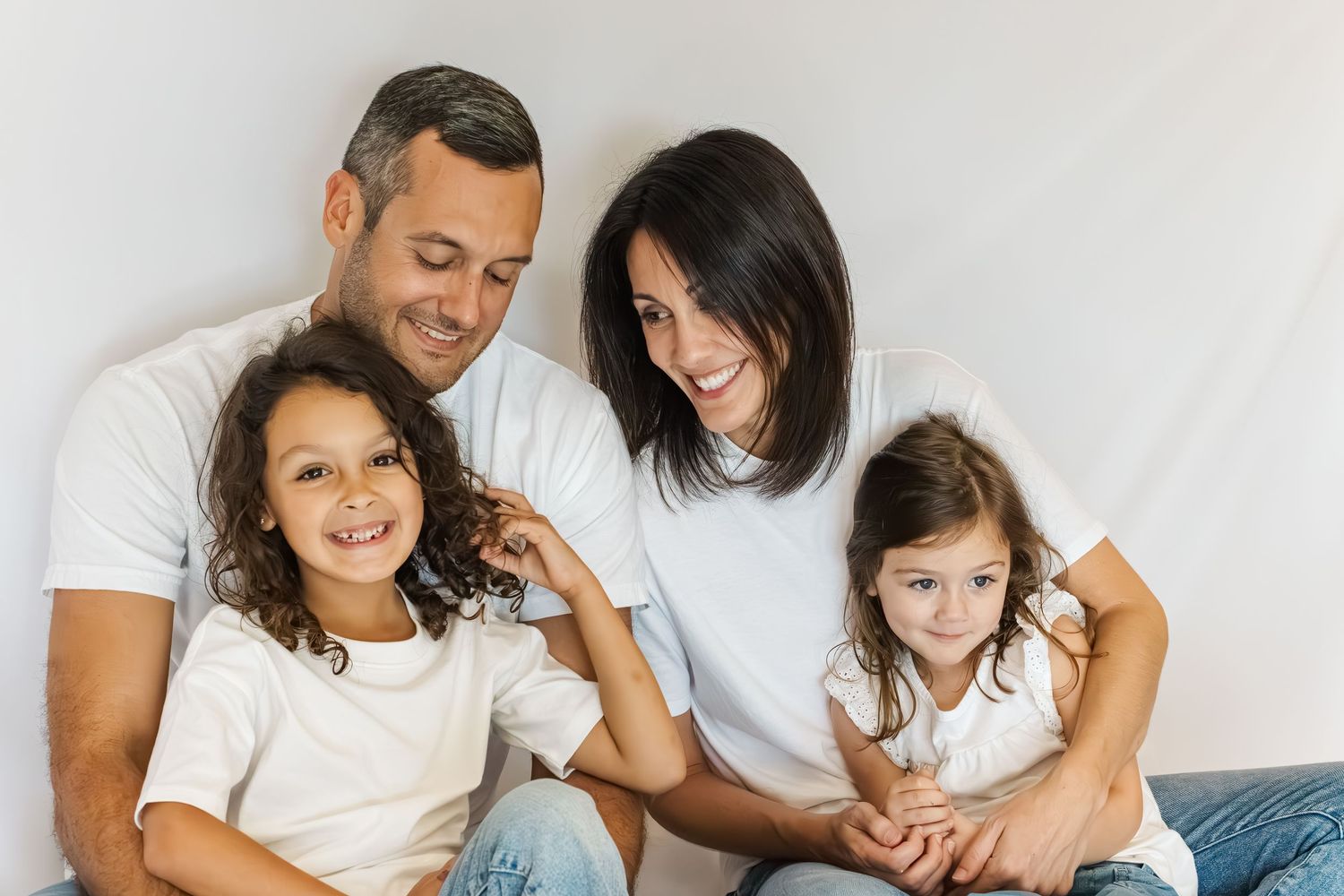 Family in white shirts sharing a joyful moment together on a couch.