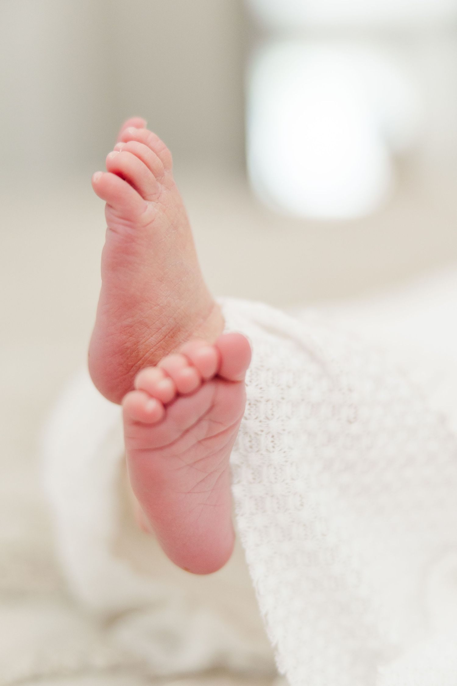 Close-up of a newborn baby's foot peeking out from a blanket during a Houston newborn photography session.