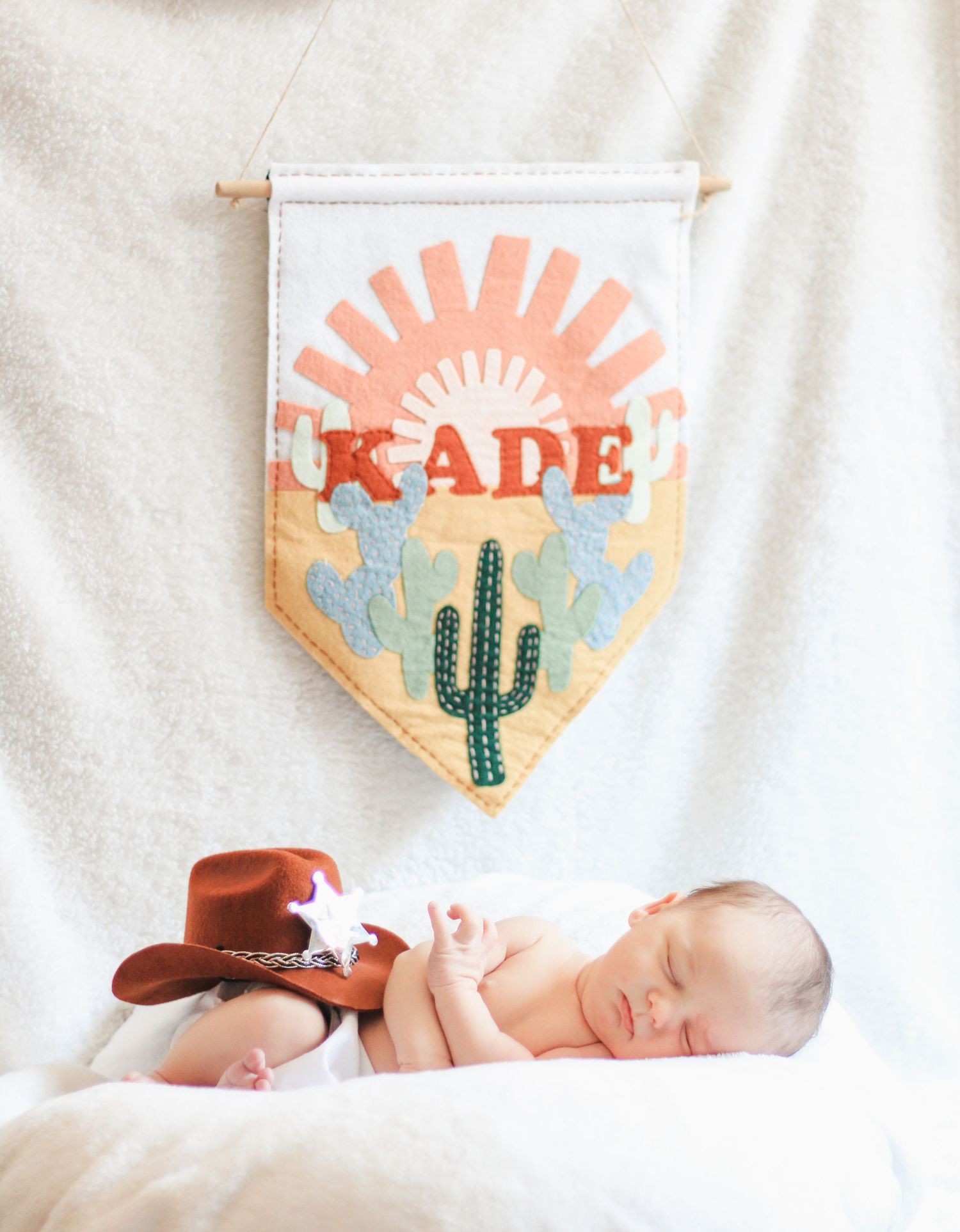 Sleeping newborn with cowboy hat under southwestern style wall banner with cactus design.