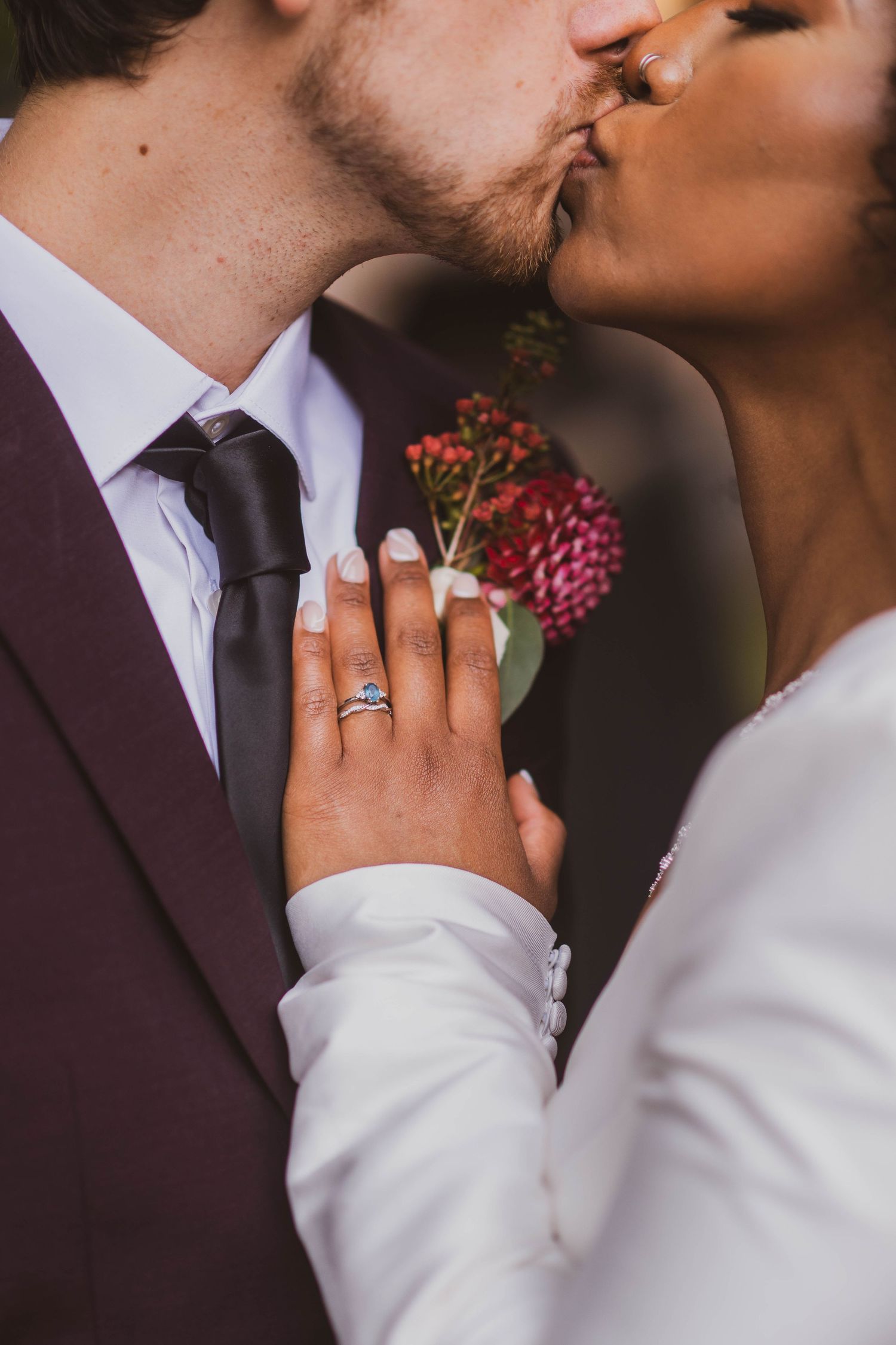 Close-up photo sequence showing wedding rings on hands while a couple shares a kiss.