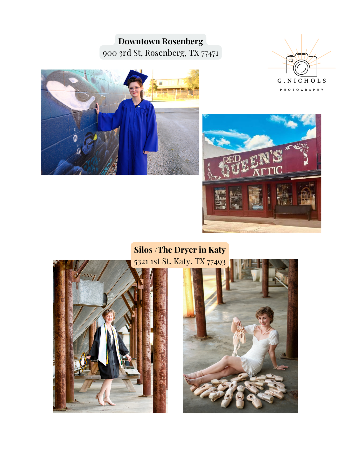 Graduate in blue cap and gown poses near mural in Rosenberg TX, with Queen's Attic shop and Katy TX barn portraits.