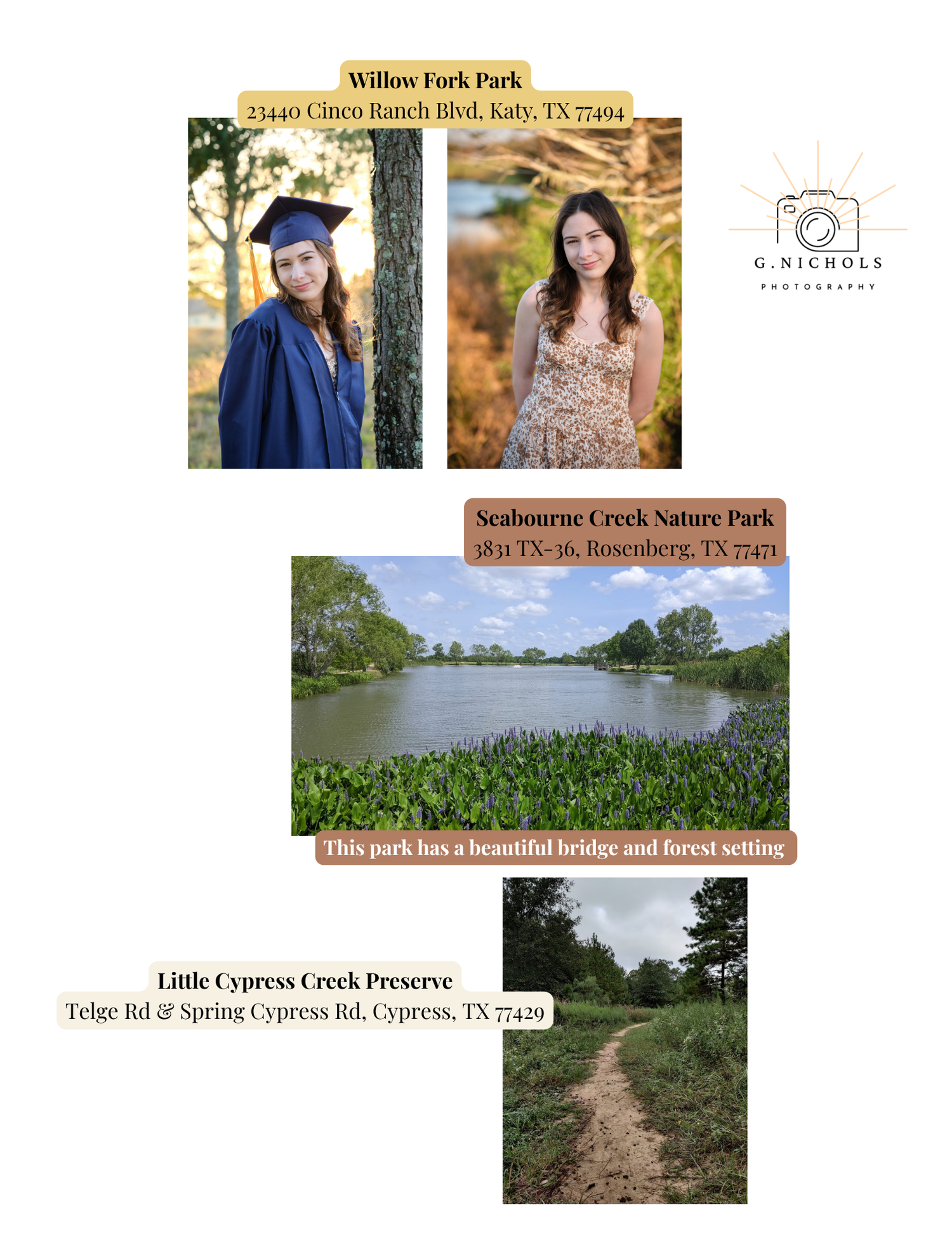 Two senior portrait photos at Willow Fork Park in Katy TX, featuring a graduate in cap and gown and a girl in a floral dress.