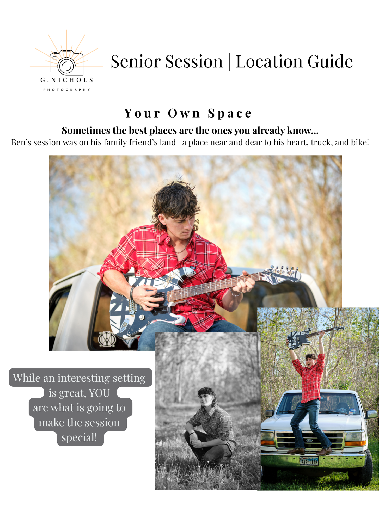 Teen boy playing electric guitar outdoors near a truck during a senior photography session on family land.
