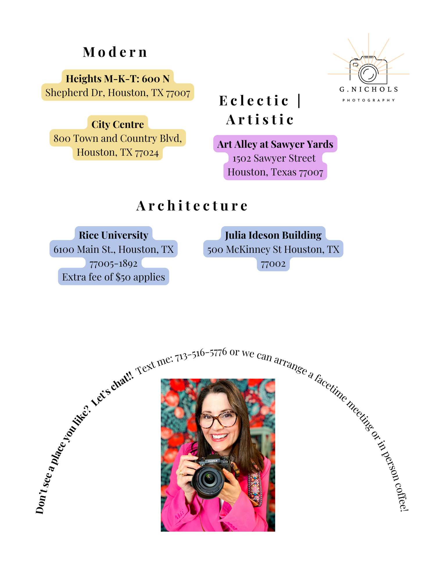 G. Nichols Photography flyer showcasing Houston session locations including Modern, Eclectic, and Architecture venues with contact details.