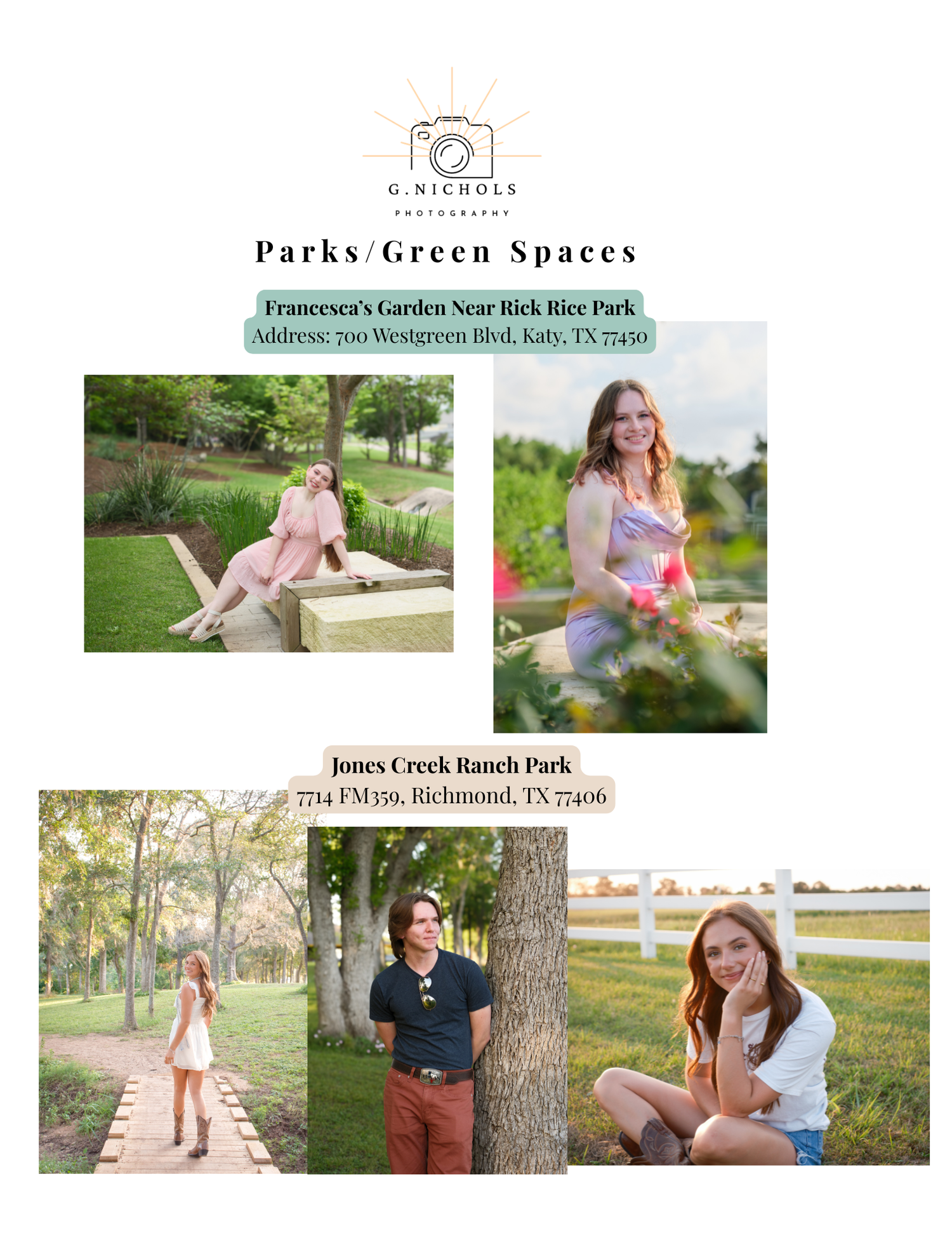 Senior portrait photography session at parks and green spaces in Katy and Richmond TX by G. Nichols Photography.