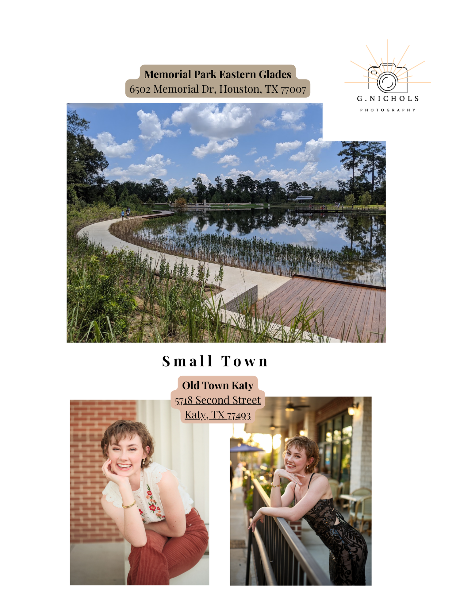 A scenic Houston Memorial Park Eastern Glades boardwalk with lush greenery and two senior portrait photos taken in Old Town Katy, TX.