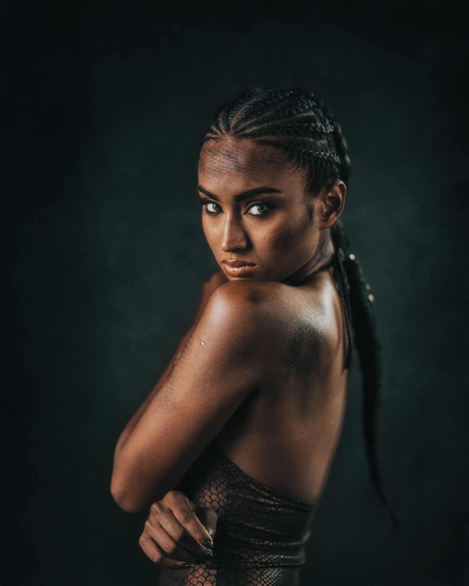 Artistic beauty portraits with dramatic shadows and metallic fashion details.