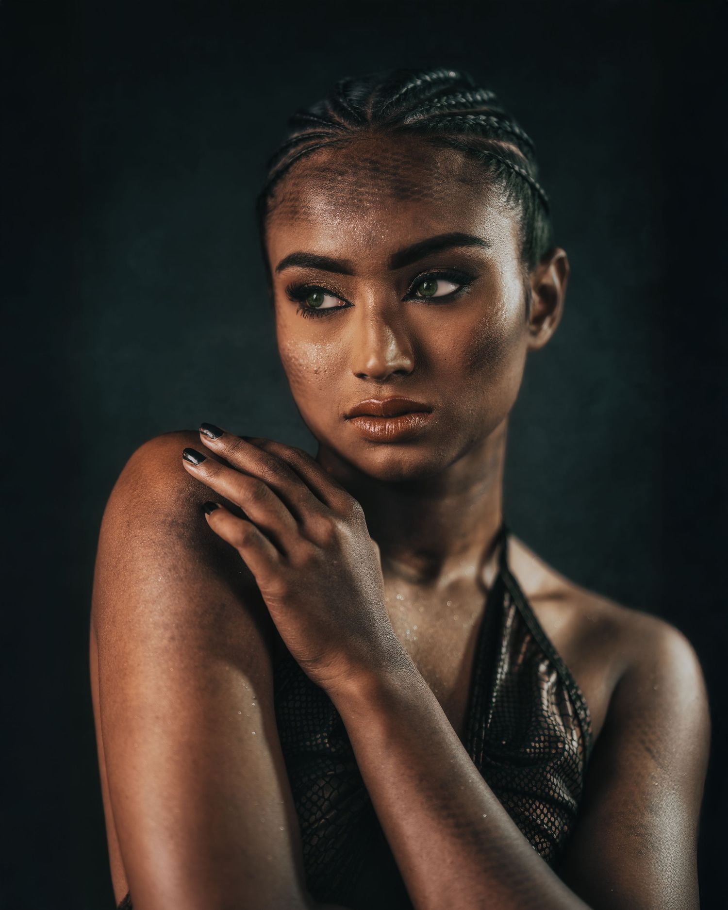 Artistic dark portrait series highlighting dramatic lighting and braided hairstyle.