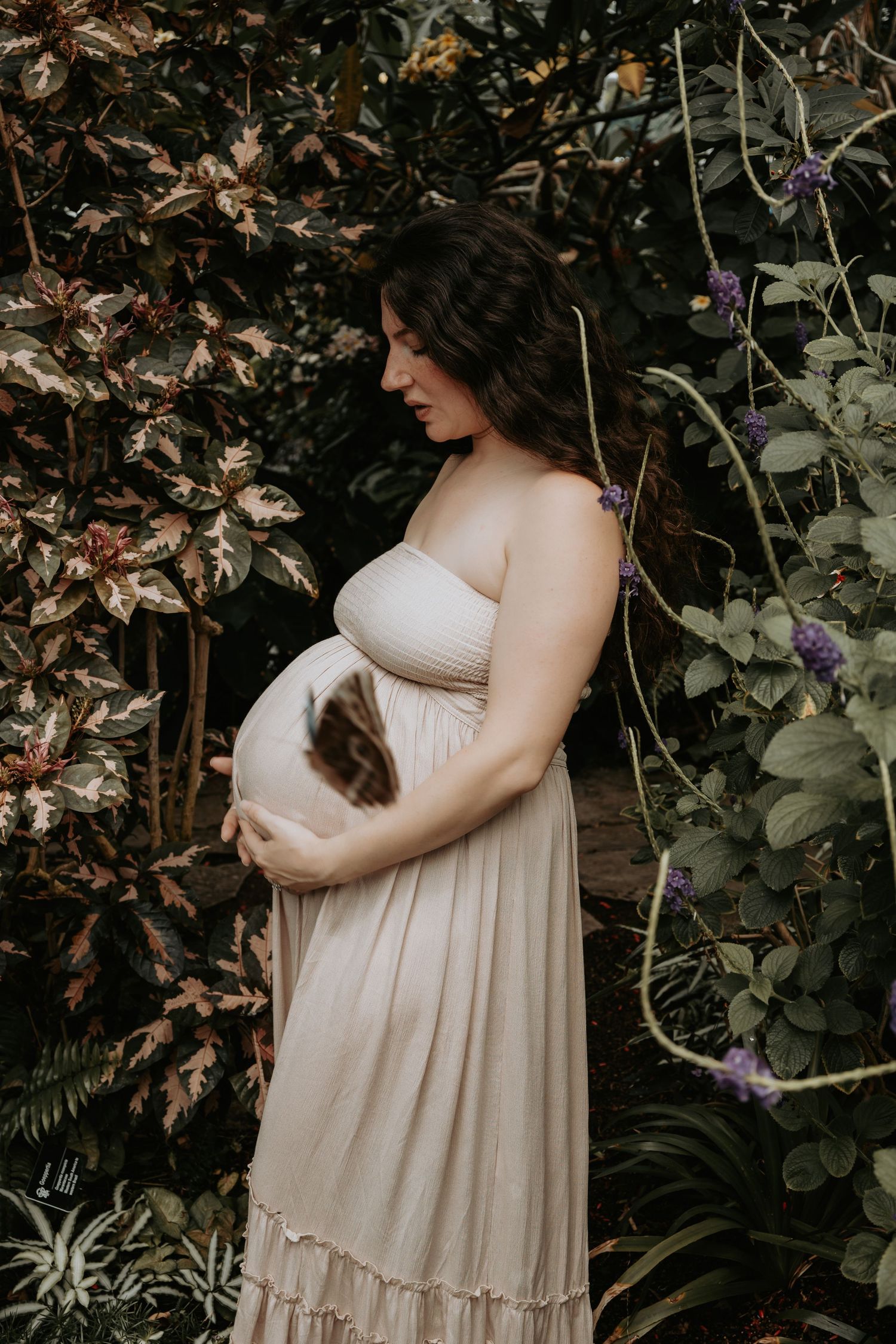 Pregnant woman in beige strapless maxi dress cradling baby bump surrounded by lush tropical foliage.