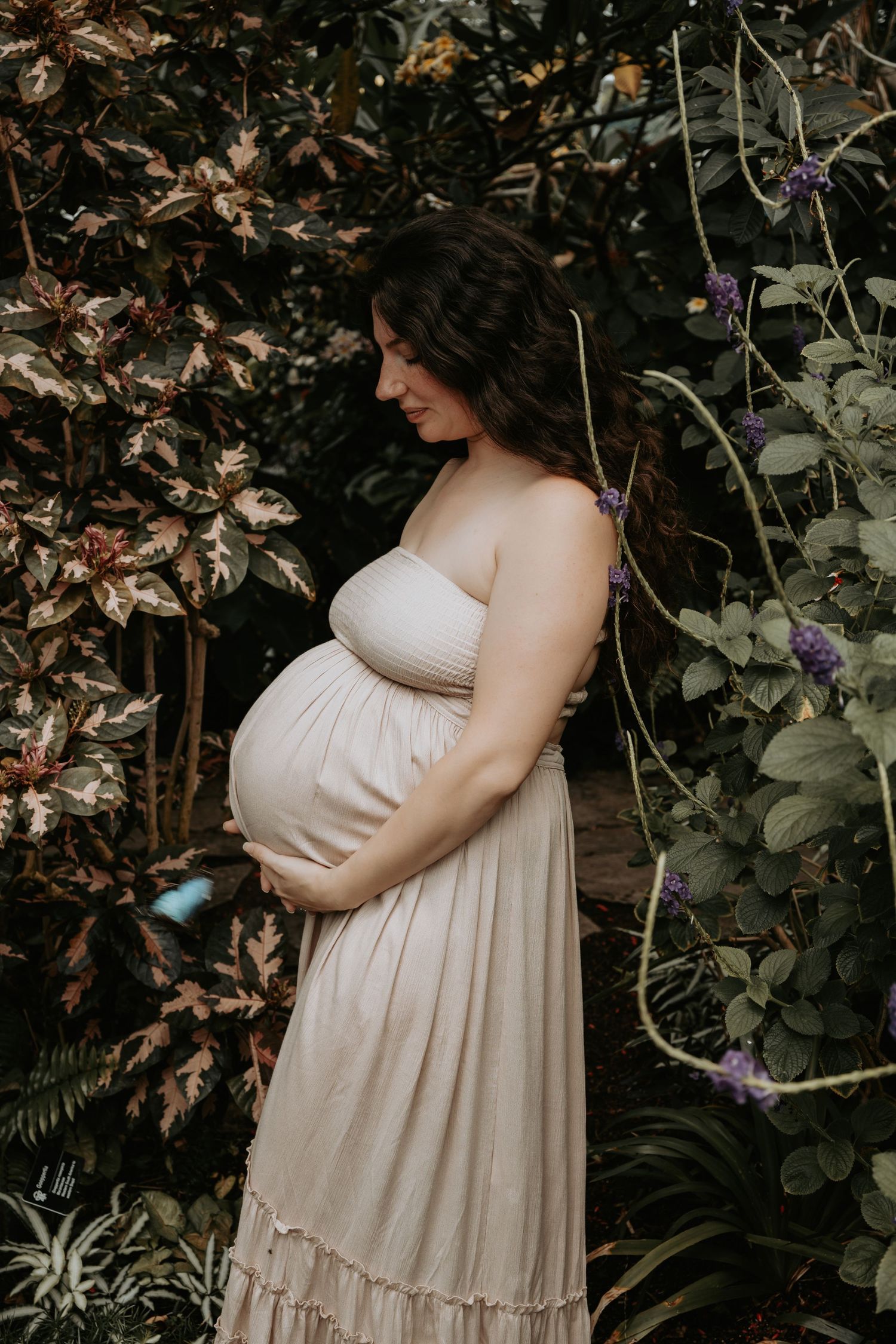 Pregnant woman in cream dress cradles baby bump among tropical plants and purple flowers.
