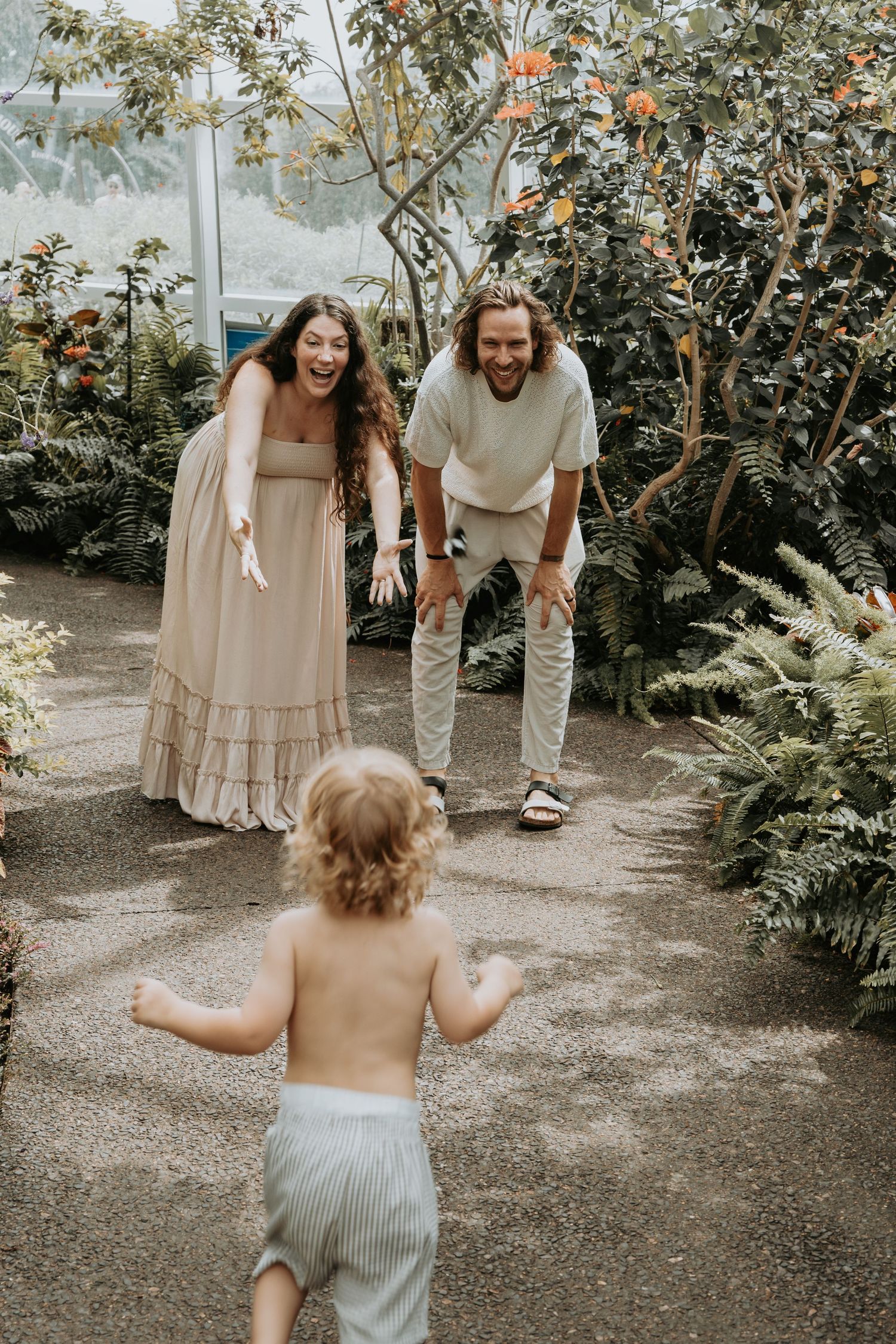 A joyful family moment as a toddler runs toward laughing parents in a lush tropical greenhouse garden.