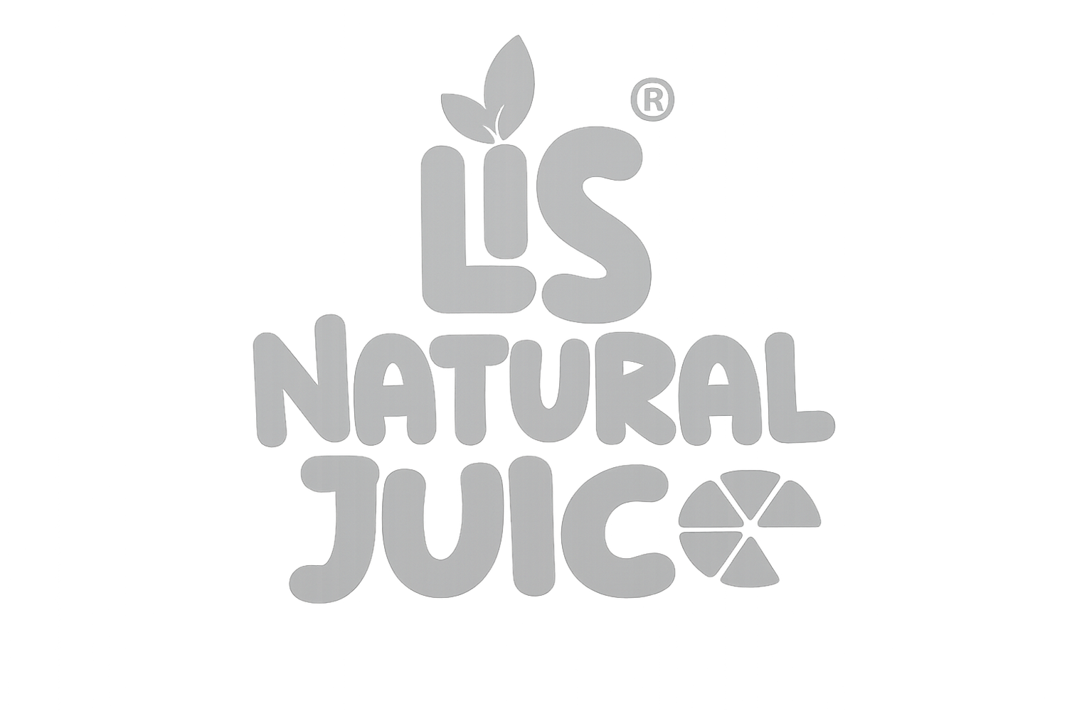 Lis Natural Juice logo in gray tones featuring bold playful typography with a citrus slice graphic and leaf accents.
