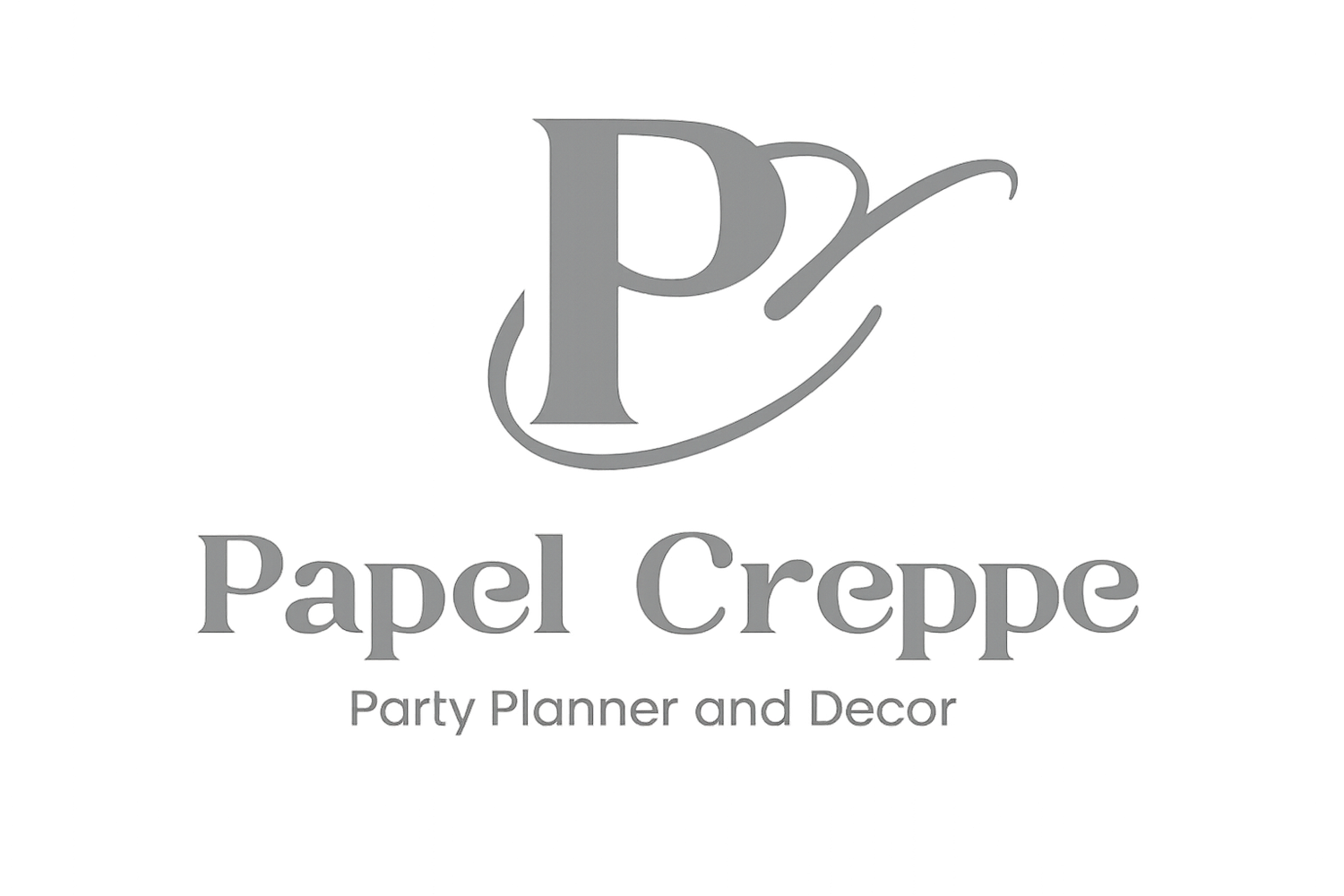 Papel Creppe Party Planner and Decor logo featuring elegant gray typography and decorative letter P design.
