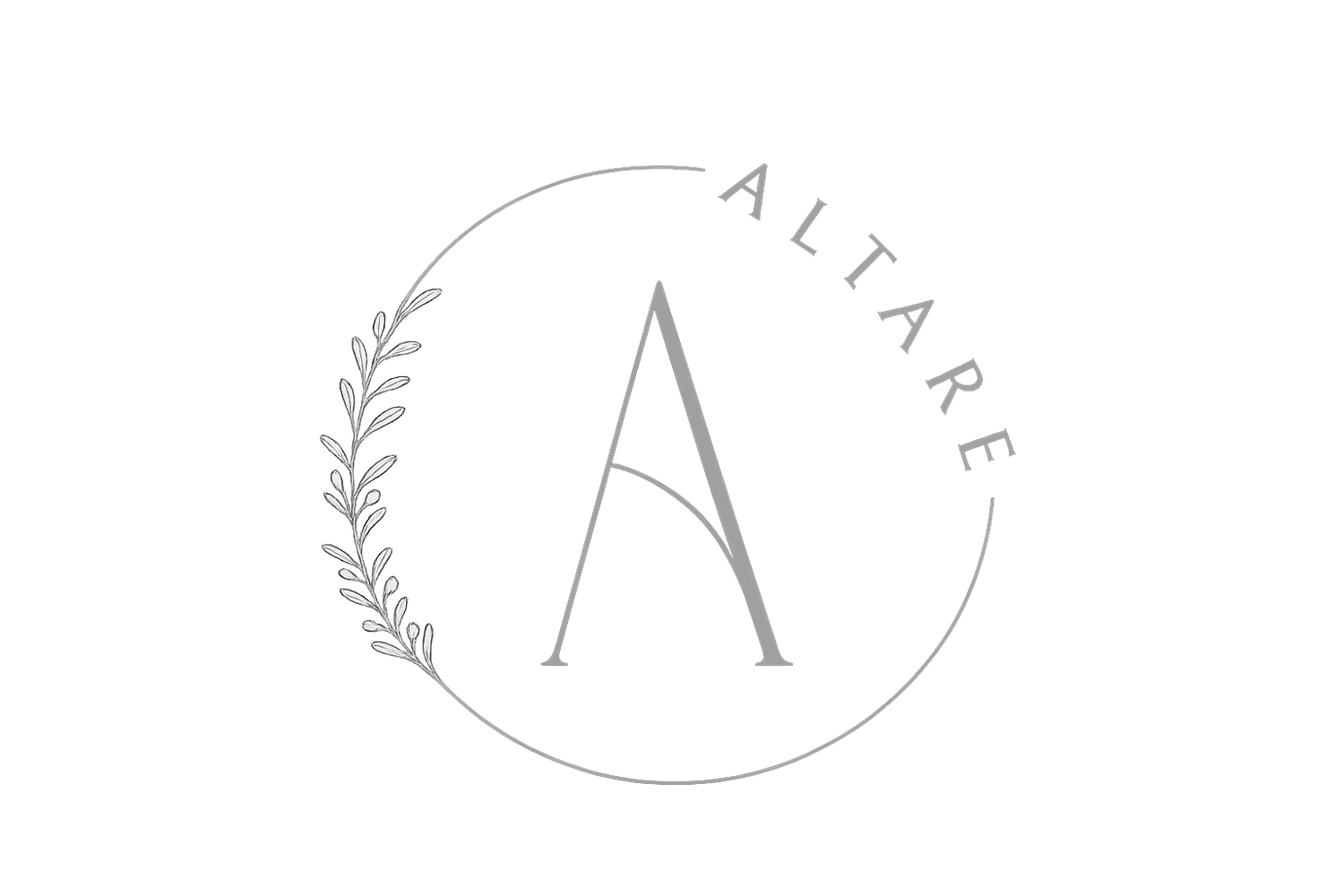 Altare brand logo with elegant serif letter A and delicate botanical leaf illustration in soft gray circle.