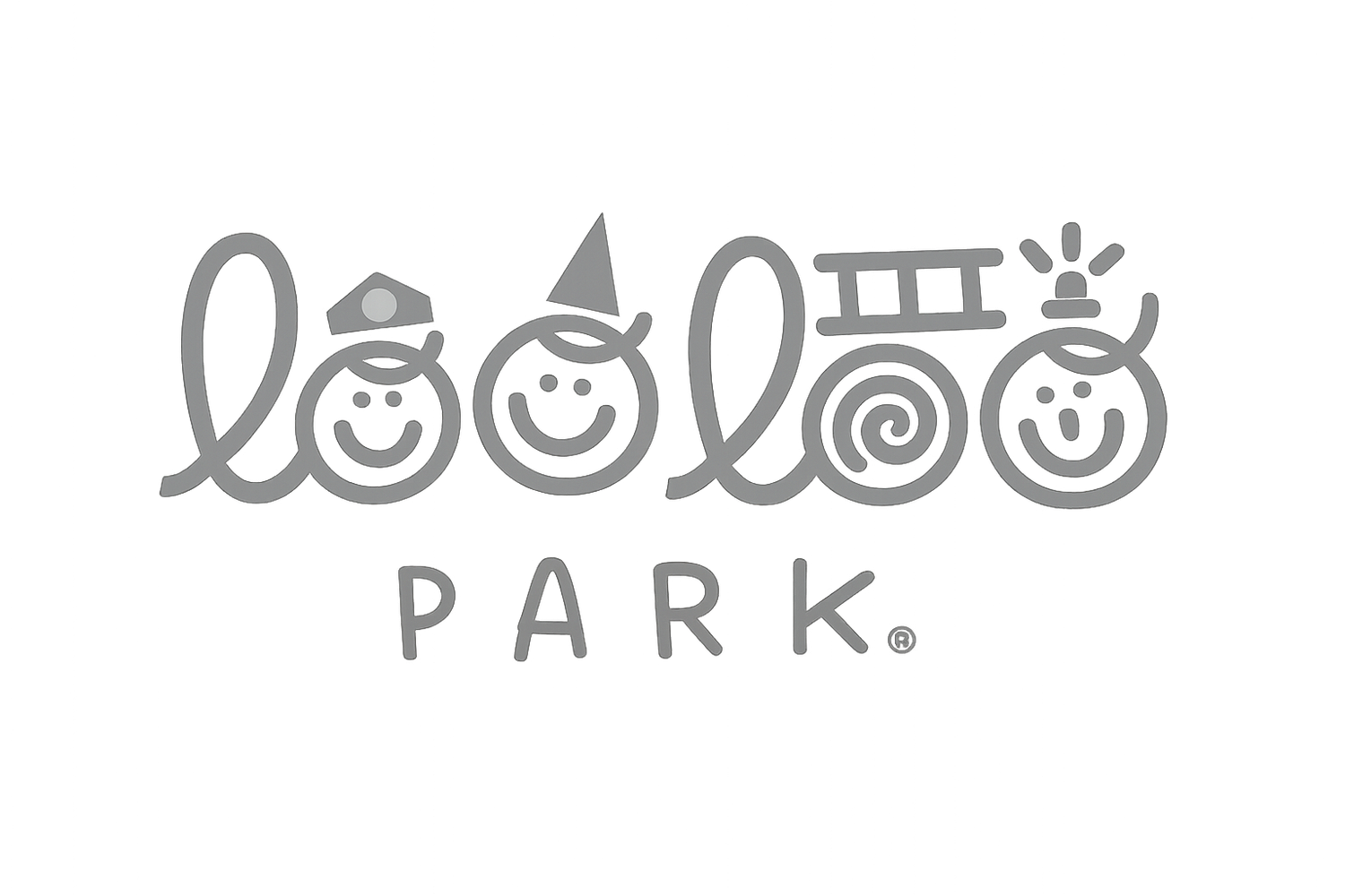 Gray logo of Looloo Park featuring cartoon children faces forming a train with the text PARK below.