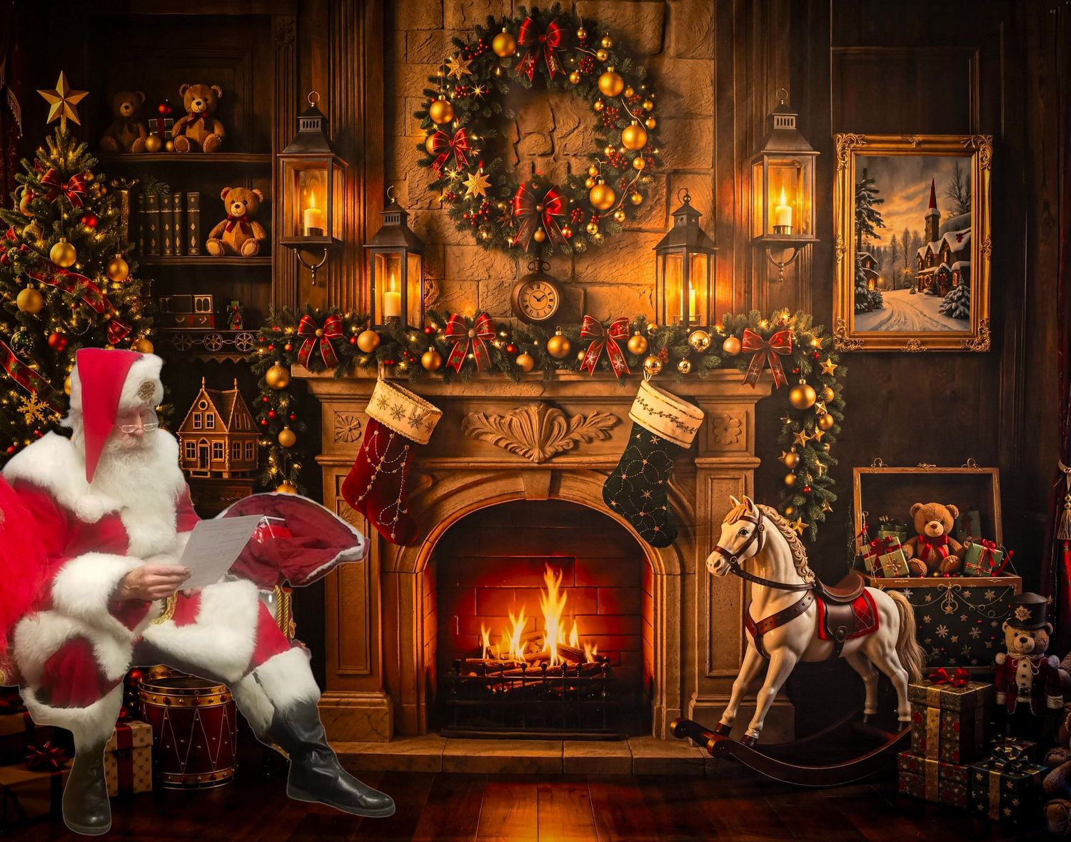 Santa Chris reading his Christmas list by a fireplace with stockings during a Queen Creek Santa photo session.