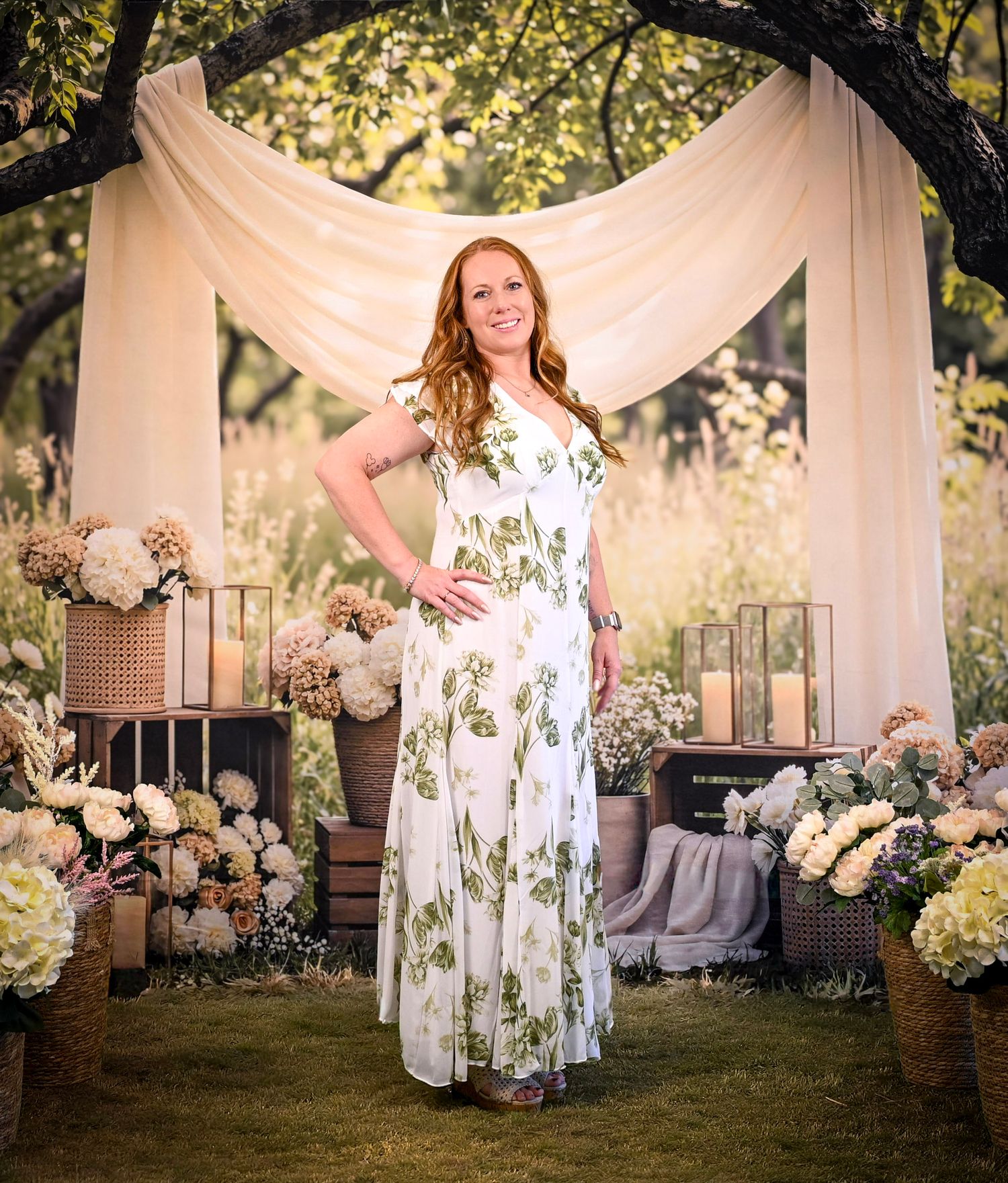 Woman in white floral maxi dress poses under draped arch with flowers and candles at outdoor garden event.