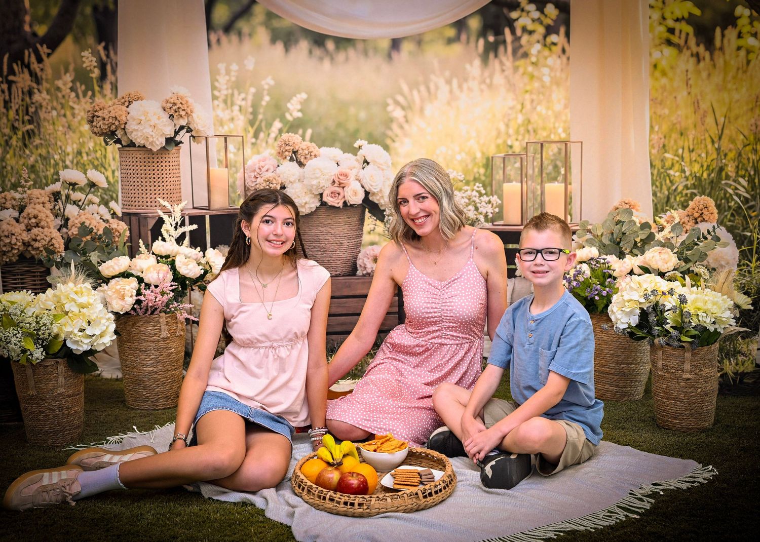 A woman and two children sit on a white blanket surrounded by floral arrangements and candles in a garden setting.