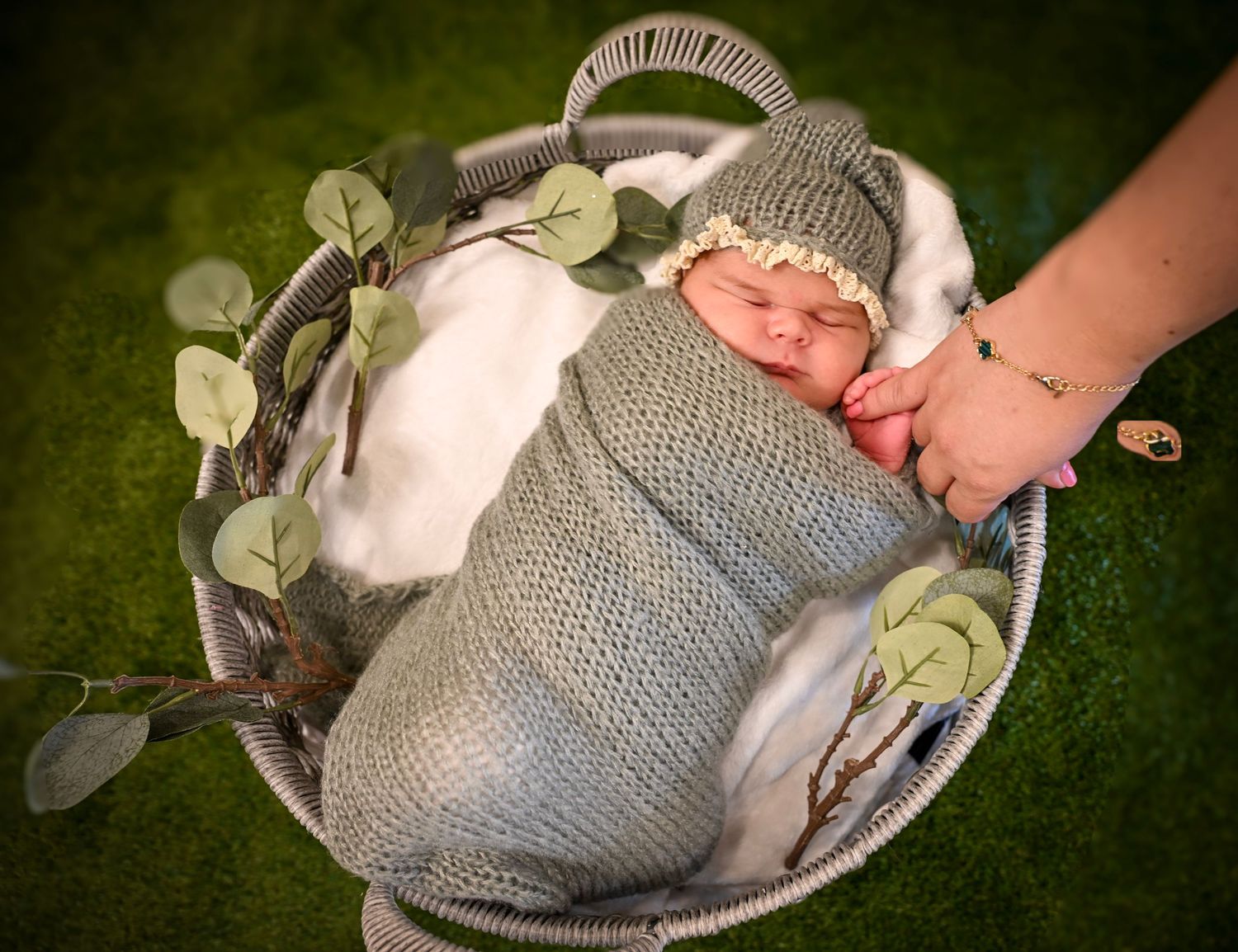 Newborn baby in green knit swaddle and bonnet held gently in a white basket with eucalyptus greenery.