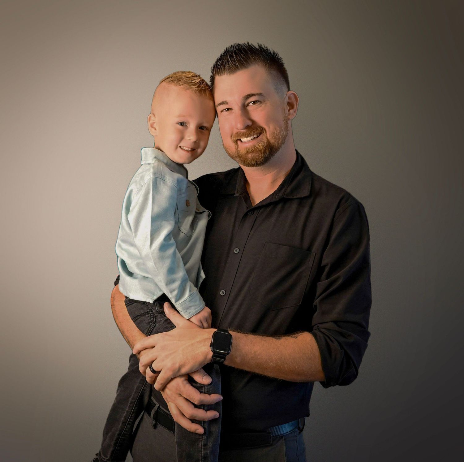Studio portraits showing two people in contrasting outfits sharing warm moments against a neutral background.
