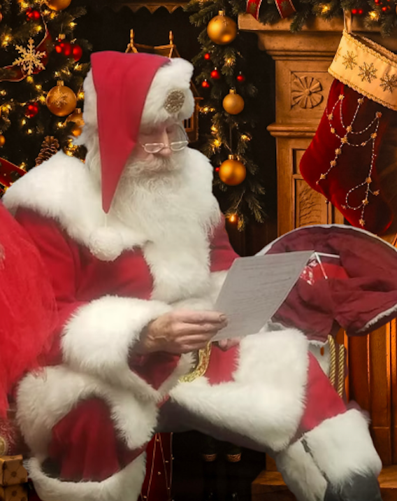 Santa Claus reading a wishlist letter by a decorated Christmas tree and fireplace in a Queen Creek photo studio.