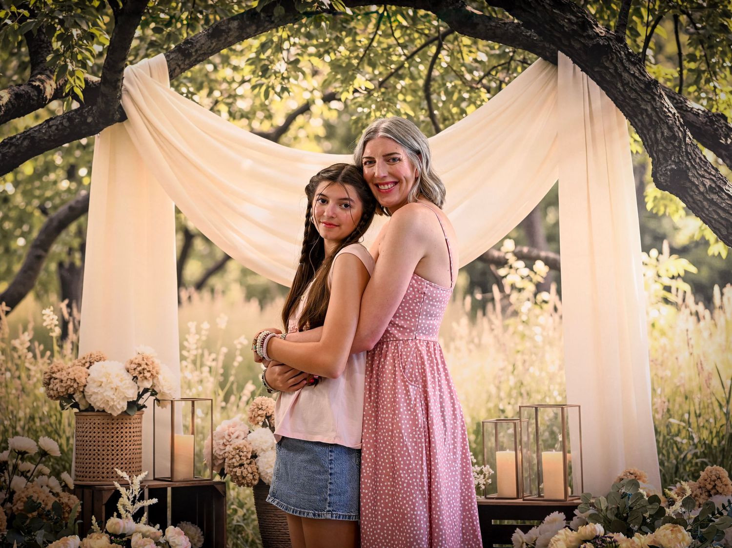 Two women embracing outdoors under a floral arch with candles and white draping in a romantic garden setting.