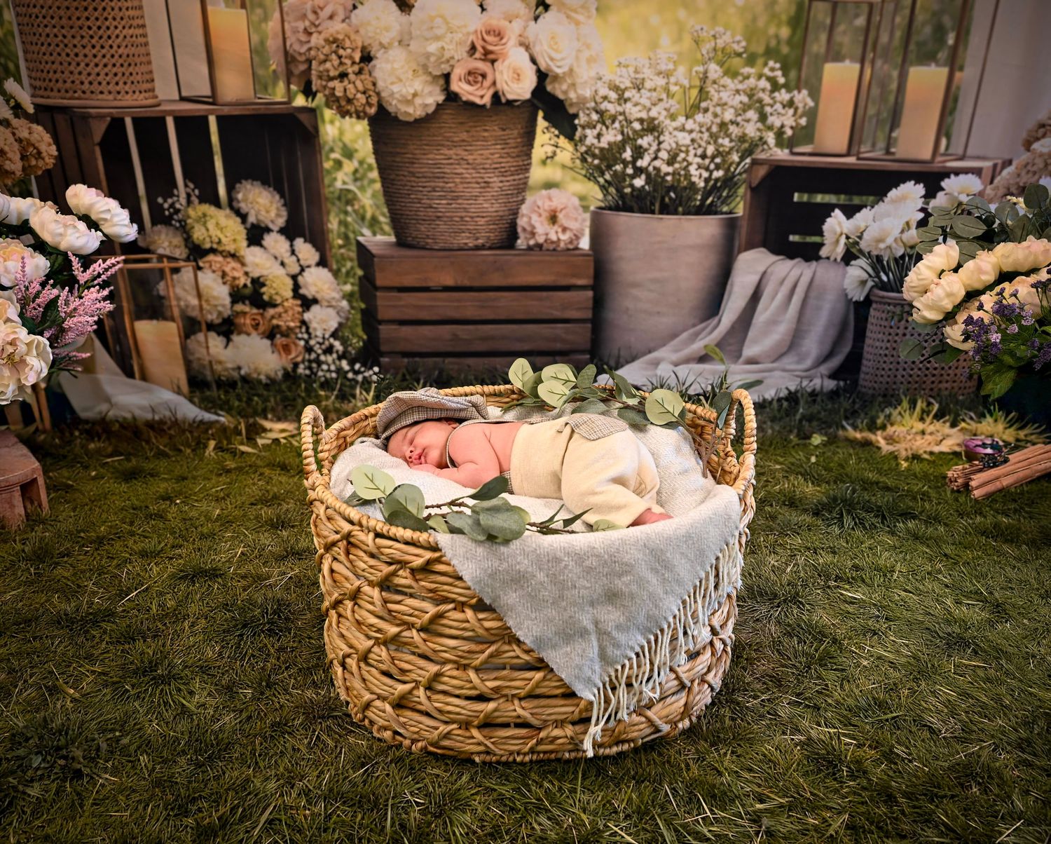 Peaceful newborn baby sleeping in a large wicker basket surrounded by beautiful floral arrangements outdoors.