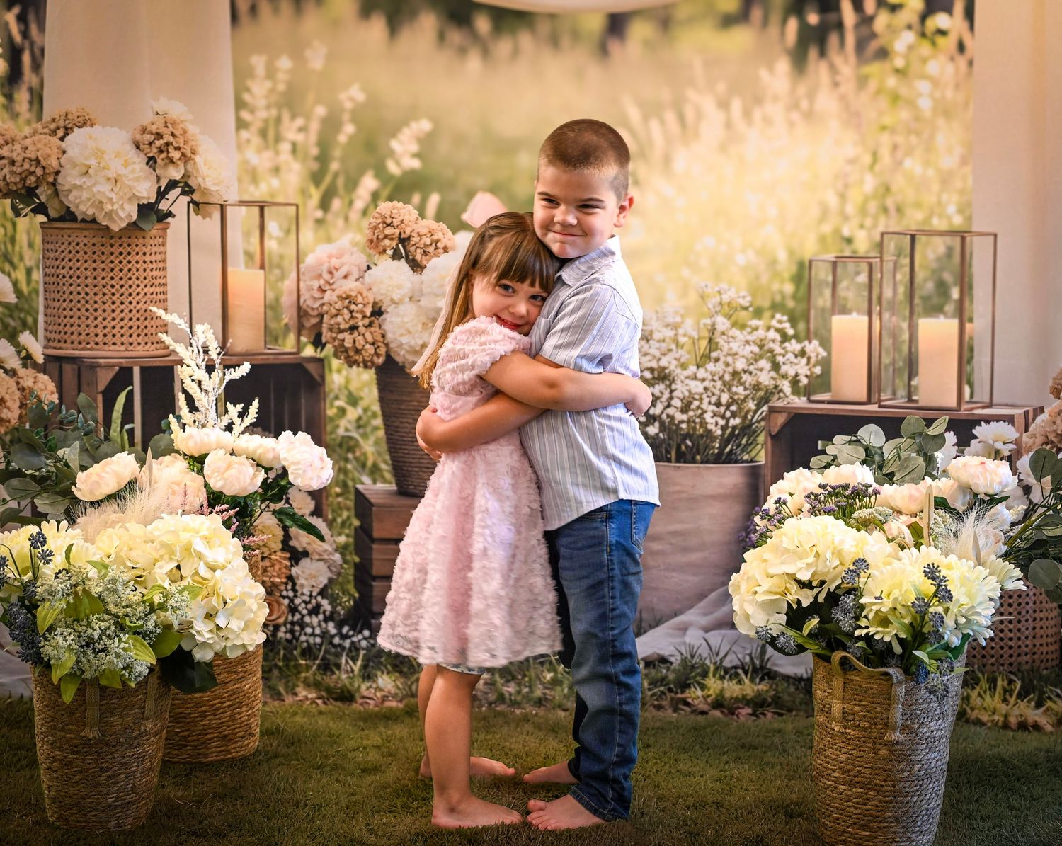 Two young children hugging and smiling among floral arrangements and candles in an elegant outdoor garden setting.