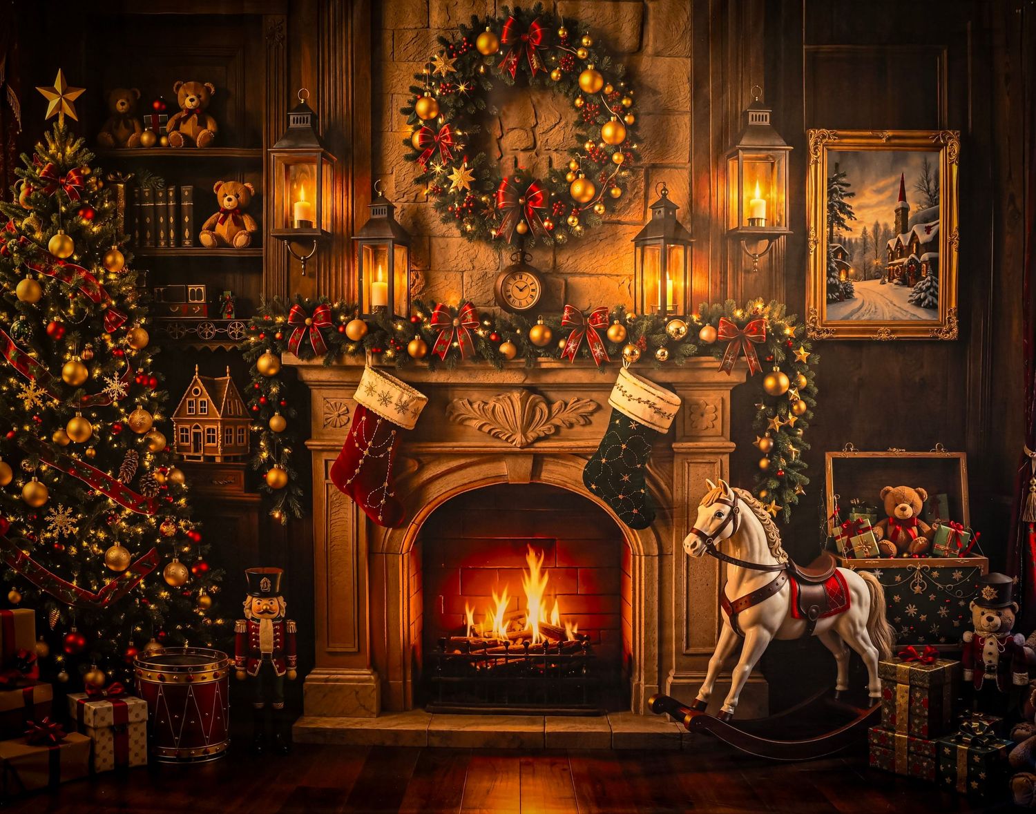Festive holiday fireplace setup with glowing fire and Christmas decor for Queen Creek Santa photo mini sessions.