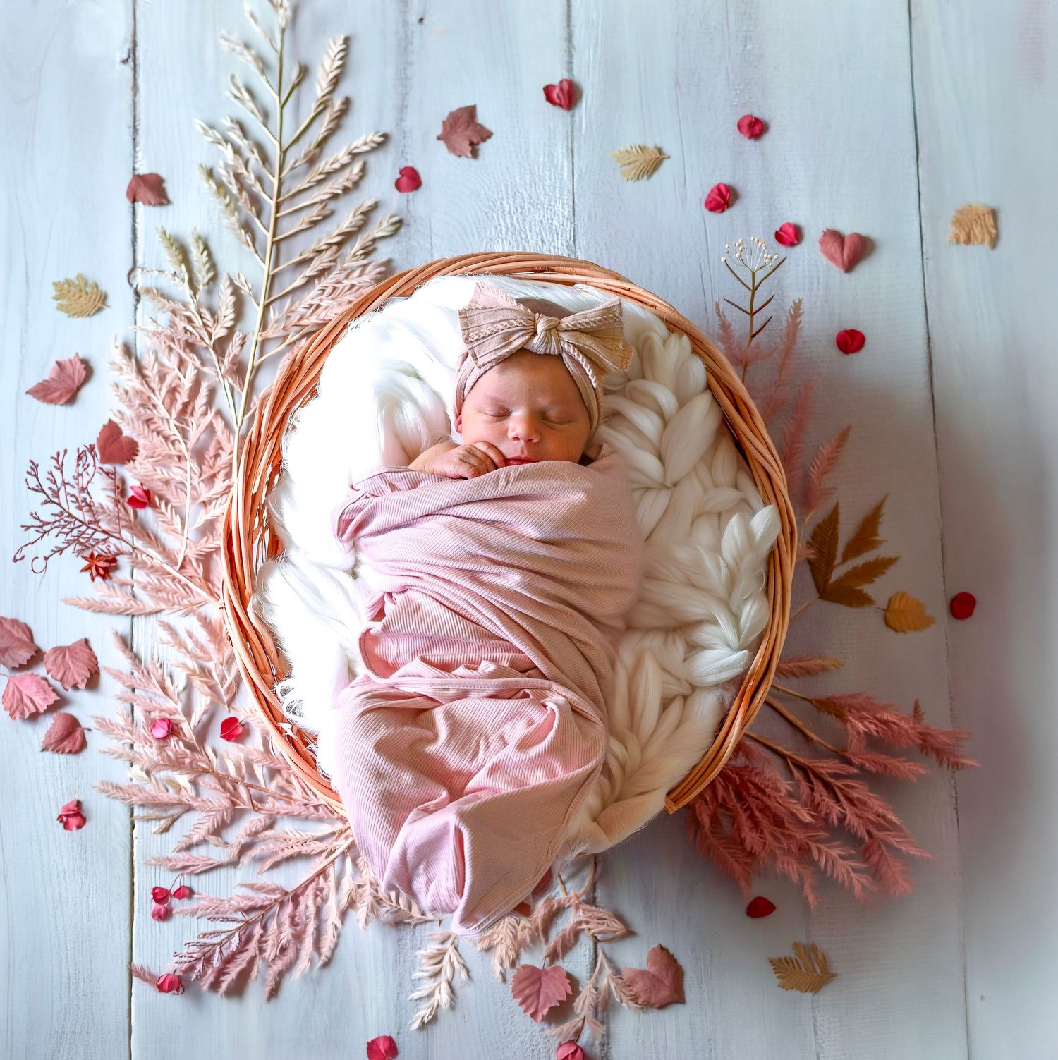 Newborn baby in pink swaddle and bow headband resting in wicker basket surrounded by autumn leaves and berries.