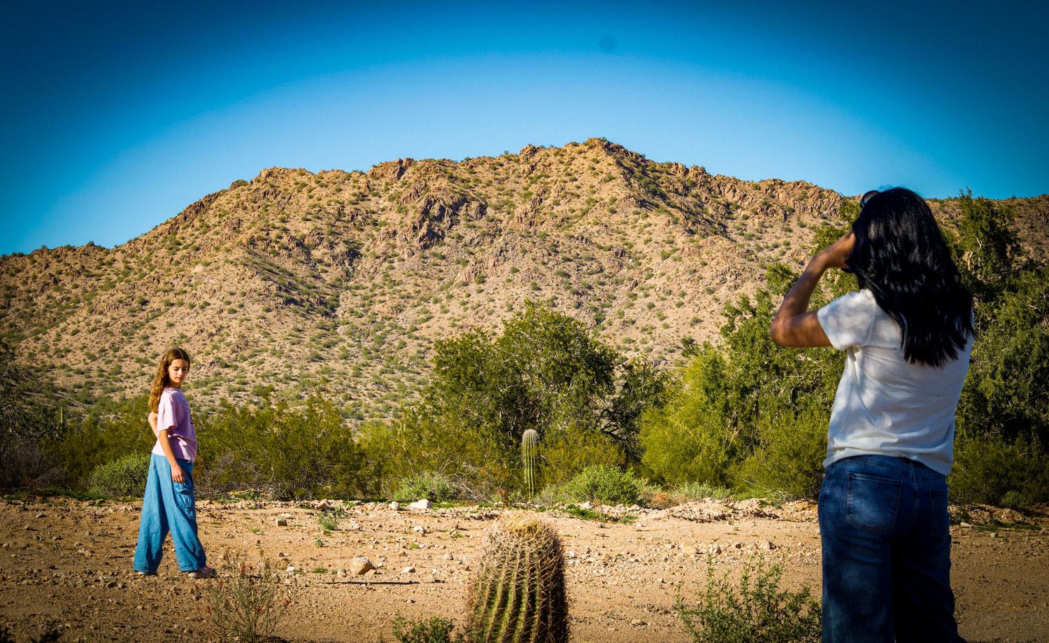 Desert landscape photography with saguaro cacti and rugged mountain terrain.