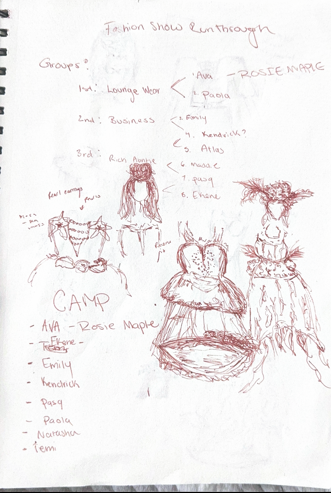 Handwritten fashion show runthrough notes with sketches of camp-themed costume designs in red ink on notebook paper.