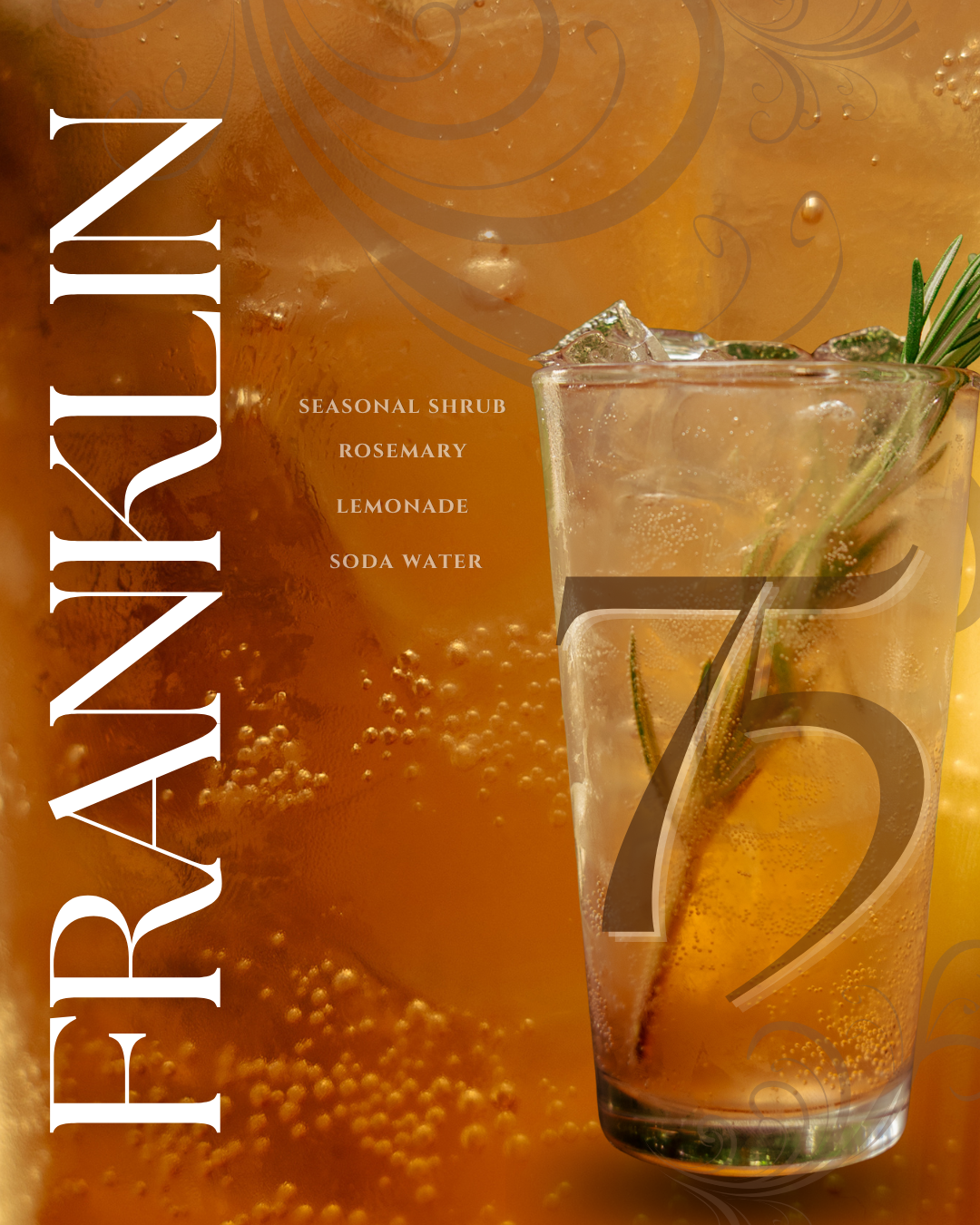 Franklin 75 cocktail in tall glass with rosemary garnish, made with seasonal shrub, rosemary, lemonade, and soda water.