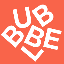 Bubbel brand logo with bold white letters on a vibrant orange square background.