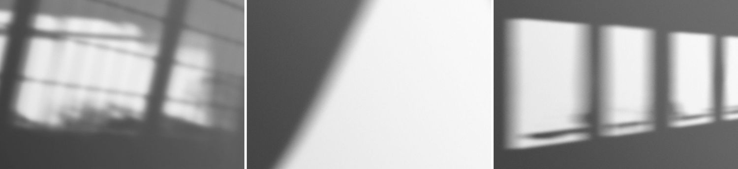 Triptych of grayscale shadow patterns cast by window blinds on a plain white wall.