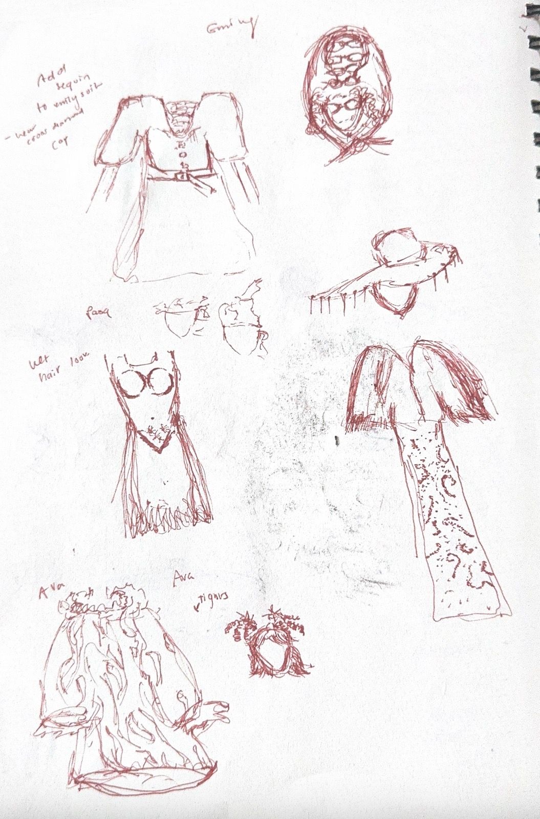 Notebook page filled with red ink fashion design sketches showing various costume concepts and garment details.