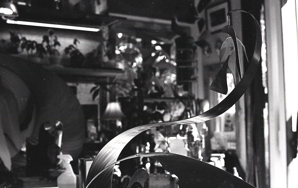 Black and white close-up of curved metal sculpture leaves in a cluttered art studio.